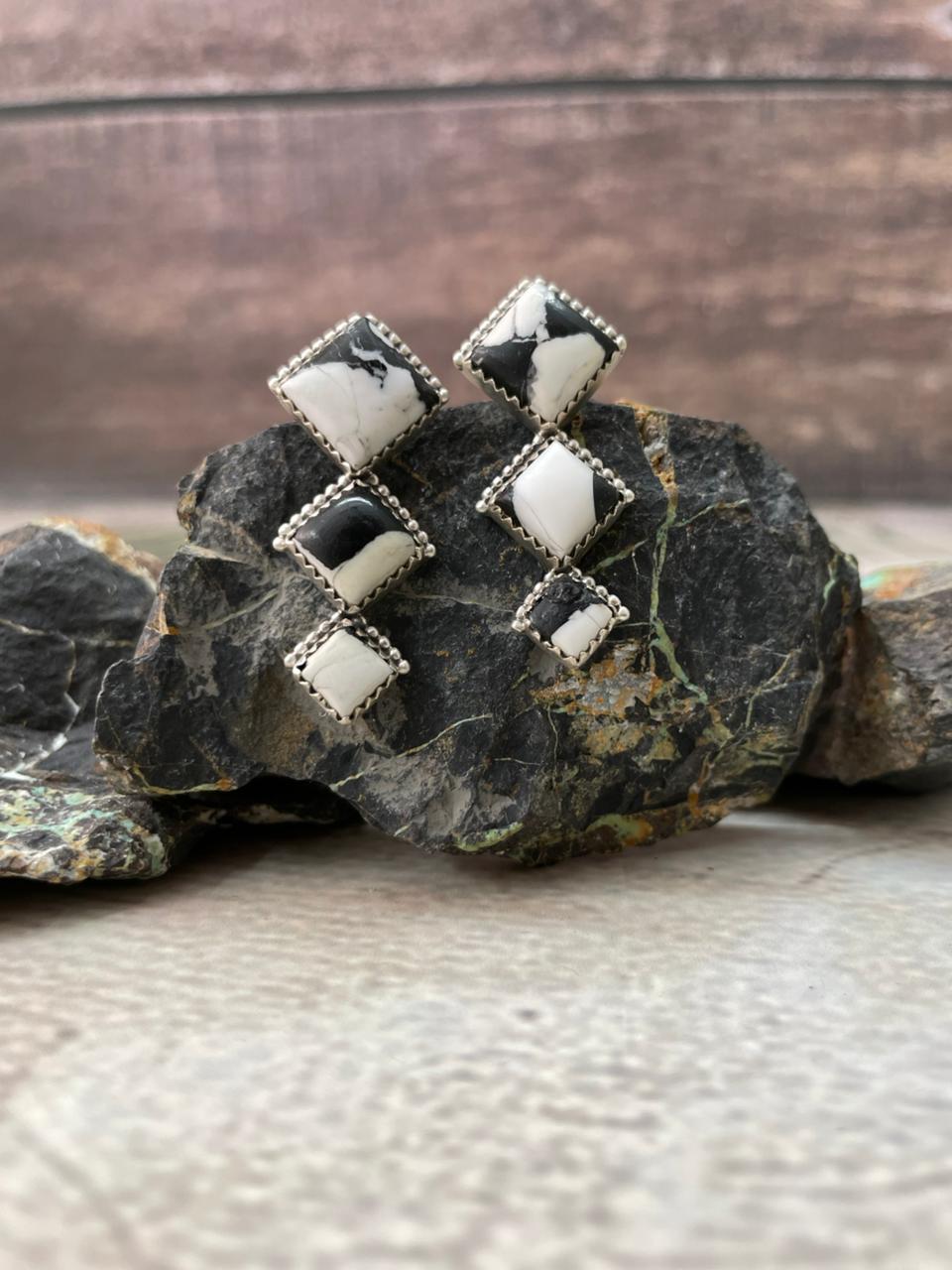 Handmade Sterling Silver White Buffalo Post Earrings "Signed Nizhoni"