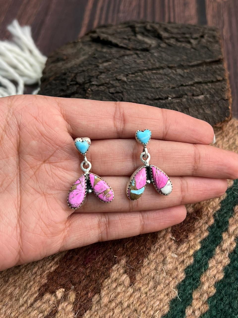 "Heart Collection" Handmade Sterling Silver Cotton Candy Post Dangle Earrings "Signed Nizhoni"
