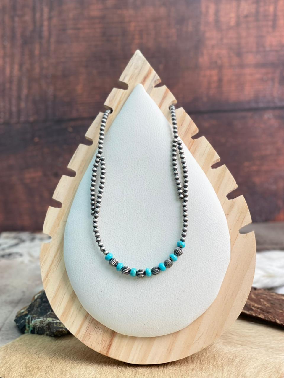 Handmade Sterling Silver Kingman Turquoise Beaded Necklace "Signed Nizhoni"