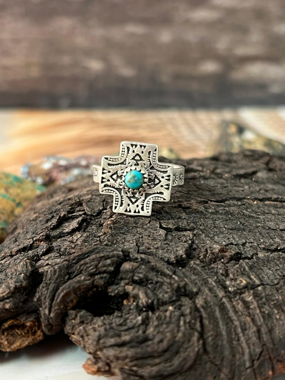 Handmade Sterling Silver Kingman Turquoise Cross Adjustable Ring "Signed Nizhoni"