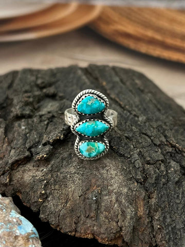 Handmade Sterling Silver Emerald Valley Turquoise Adjustable Ring "Signed Nizhoni"