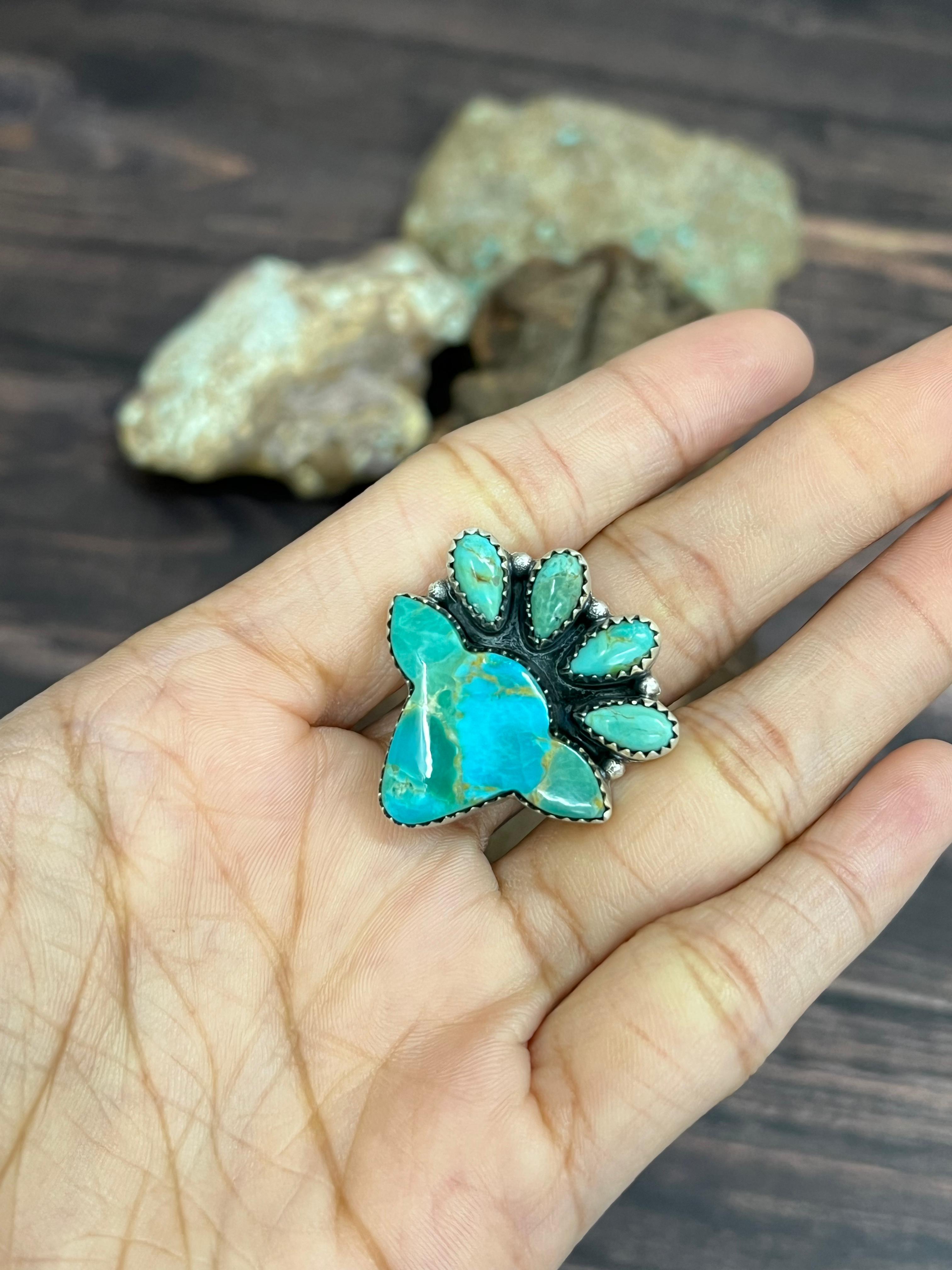 Handmade Sterling Silver Kingman Turquoise Adjustable Bullhead Ring with Signed Nizhoni