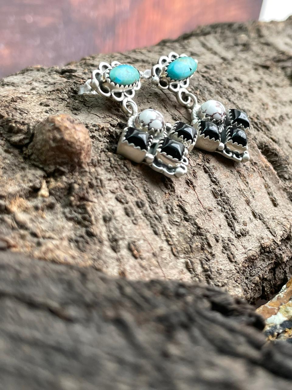 Handmade Sterling Silver Kingman with Wildhorse, Black Onyx  Post Dangle Earrings Set "Signed Nizhoni"