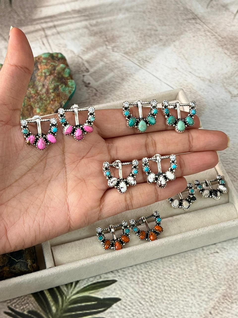 Handmade Sterling Silver Multi Stone Buckle Post Studs Earrings "Signed Nizhoni"