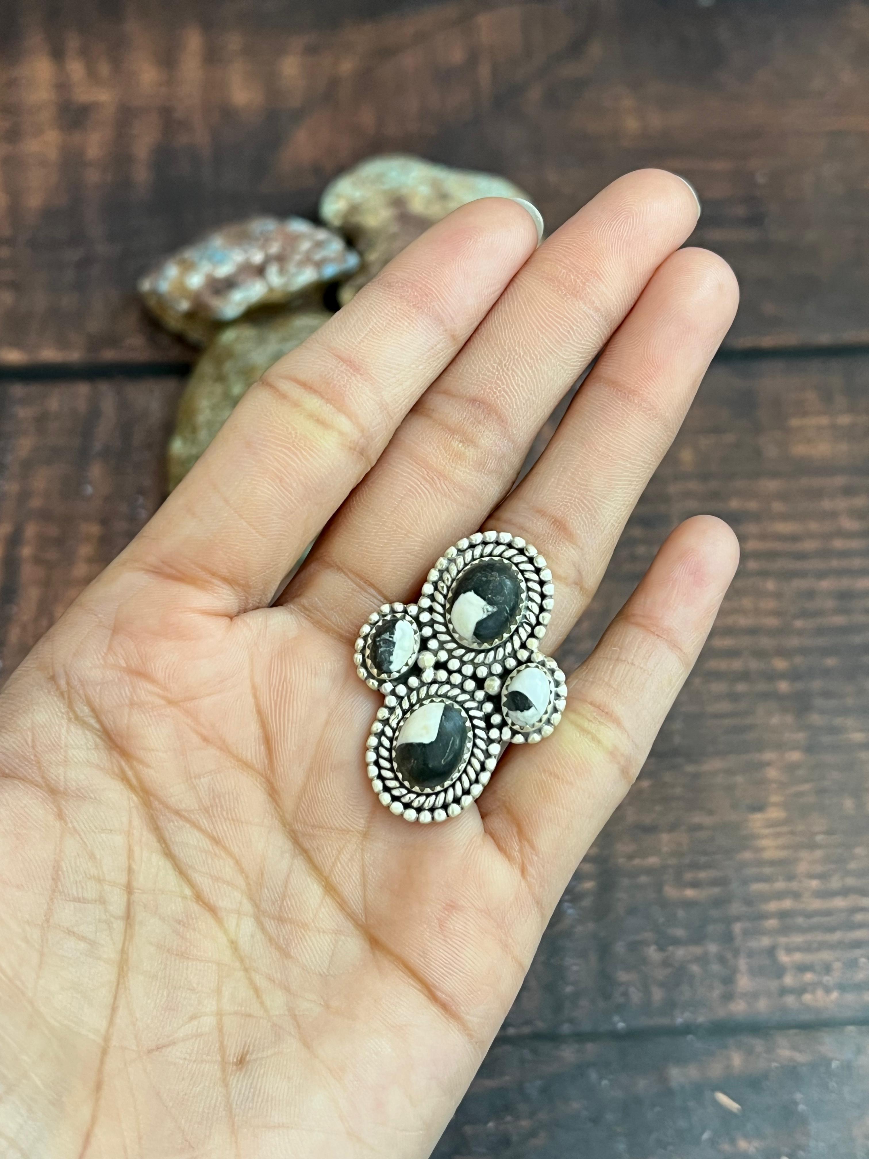 Handmade Sterling Silver White Buffalo Adjustable Ring, Signed Nizhoni