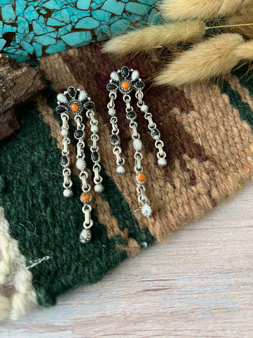 Handmade Sterling Silver White Buffalo with Orange Mojave Post Dangle Earrings "Signed Nizhoni"