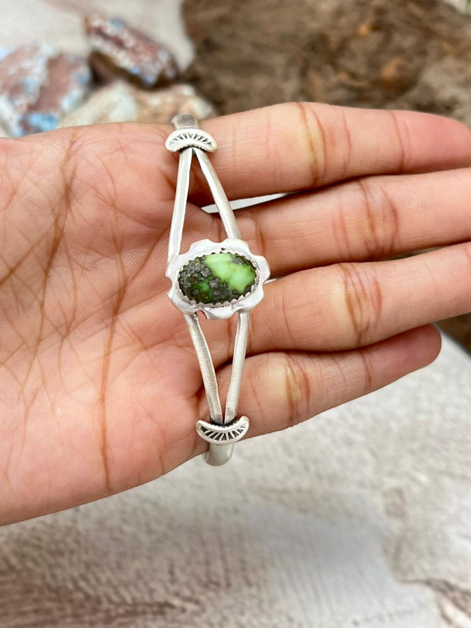 Handmade Sterling Silver Sonoran Mountain Turquoise Cuff Bracelet with Signed Nizhoni