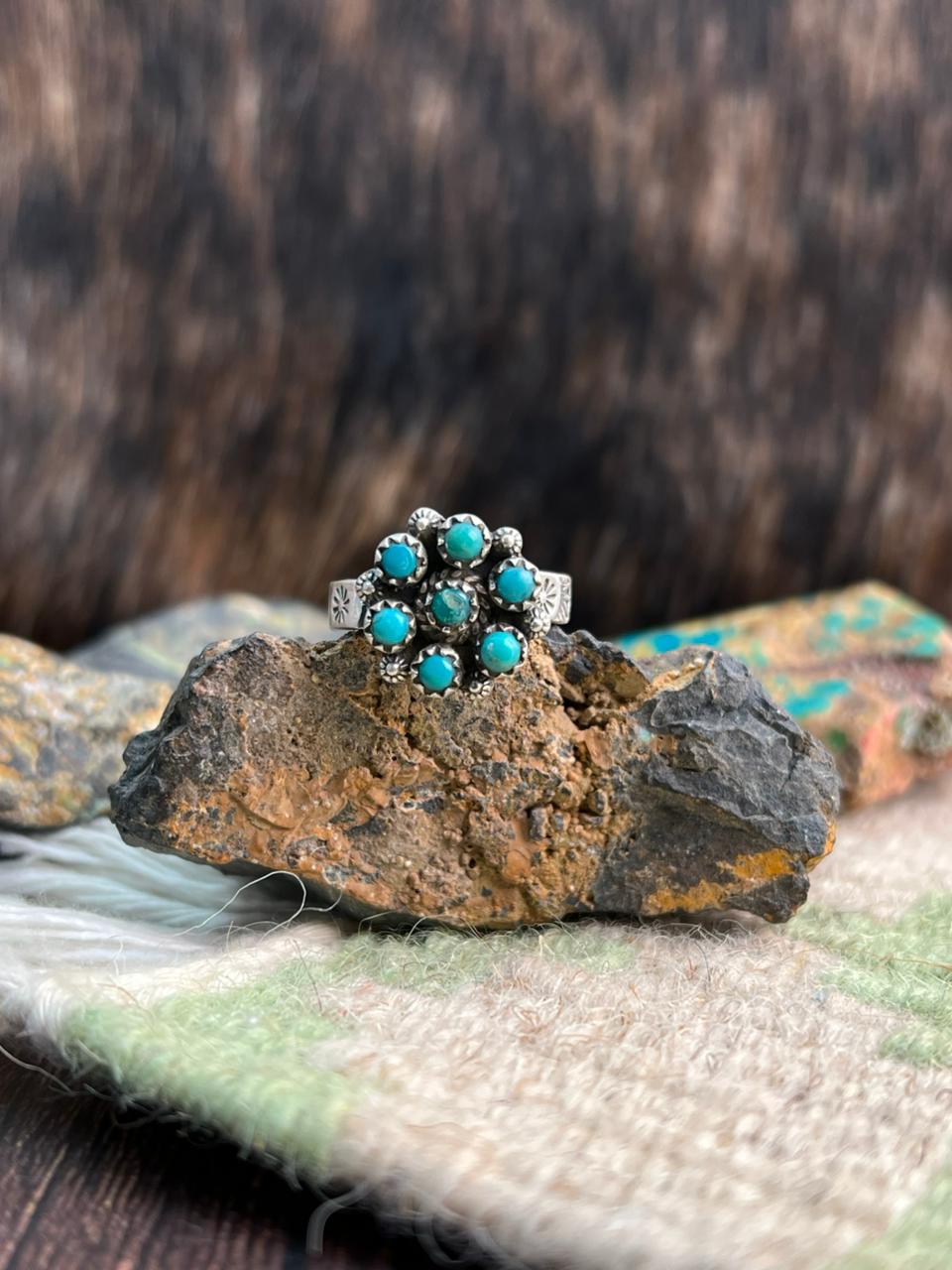 Handmade Sterling Silver Kingman Turquoise Adjustable Ring "Signed Nizhoni"