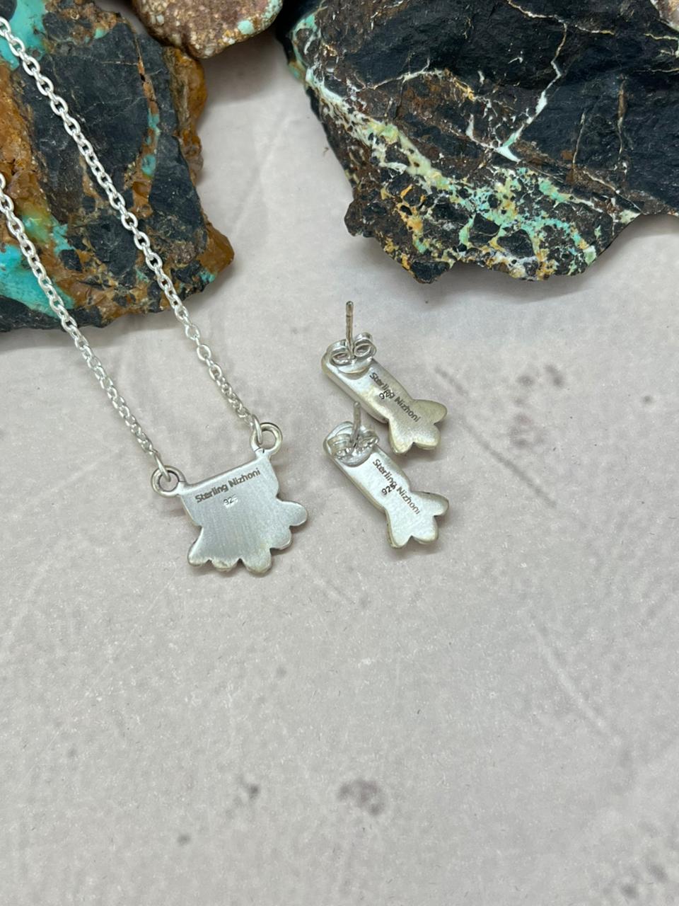 Handmade Sterling Silver Wildhorse Magnesite Necklace Earrings Set "Signed Nizhoni"