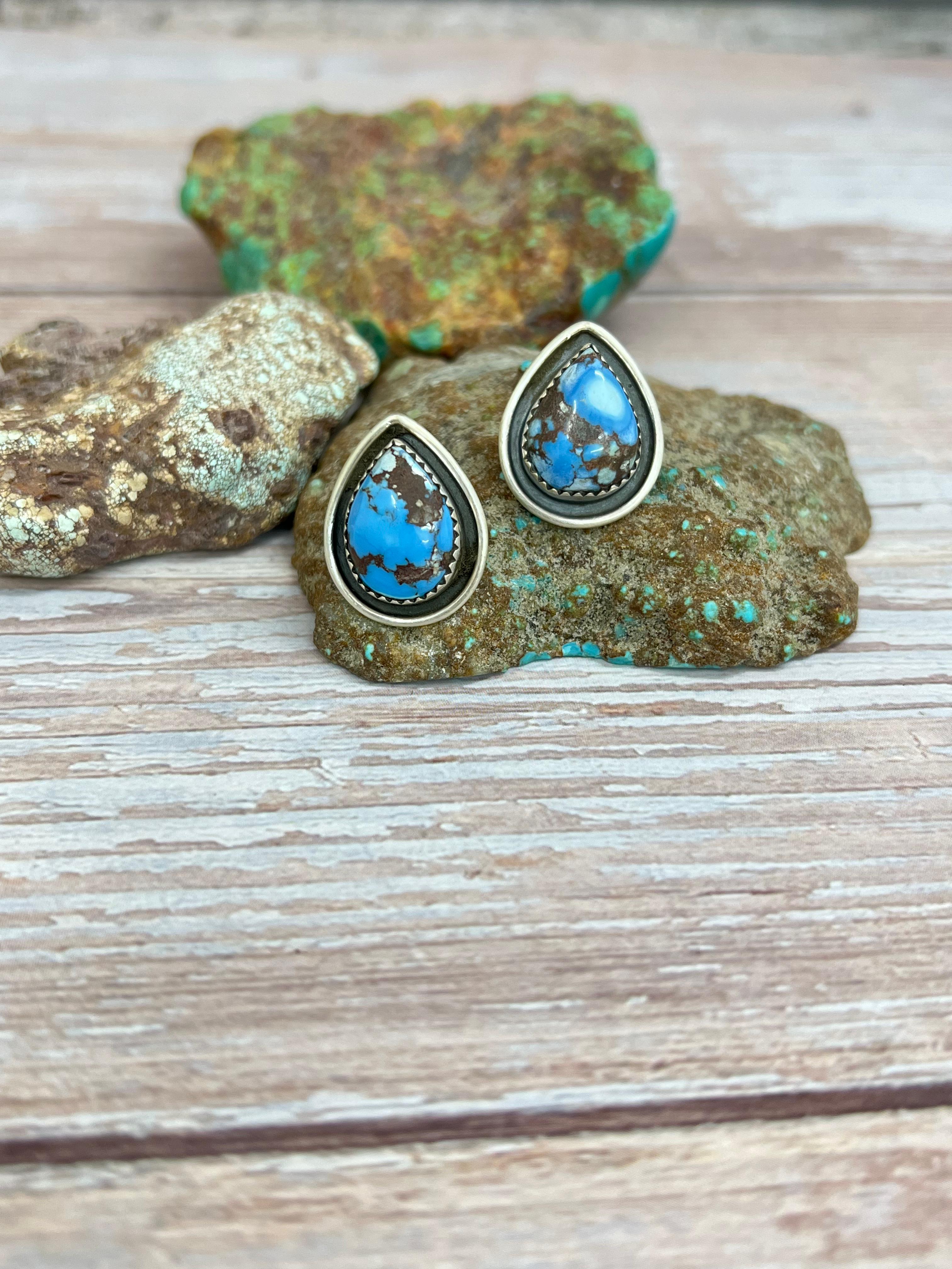 Handmade Sterling Silver Golden Hills Turquoise Post Earrings with Signed Nizhoni