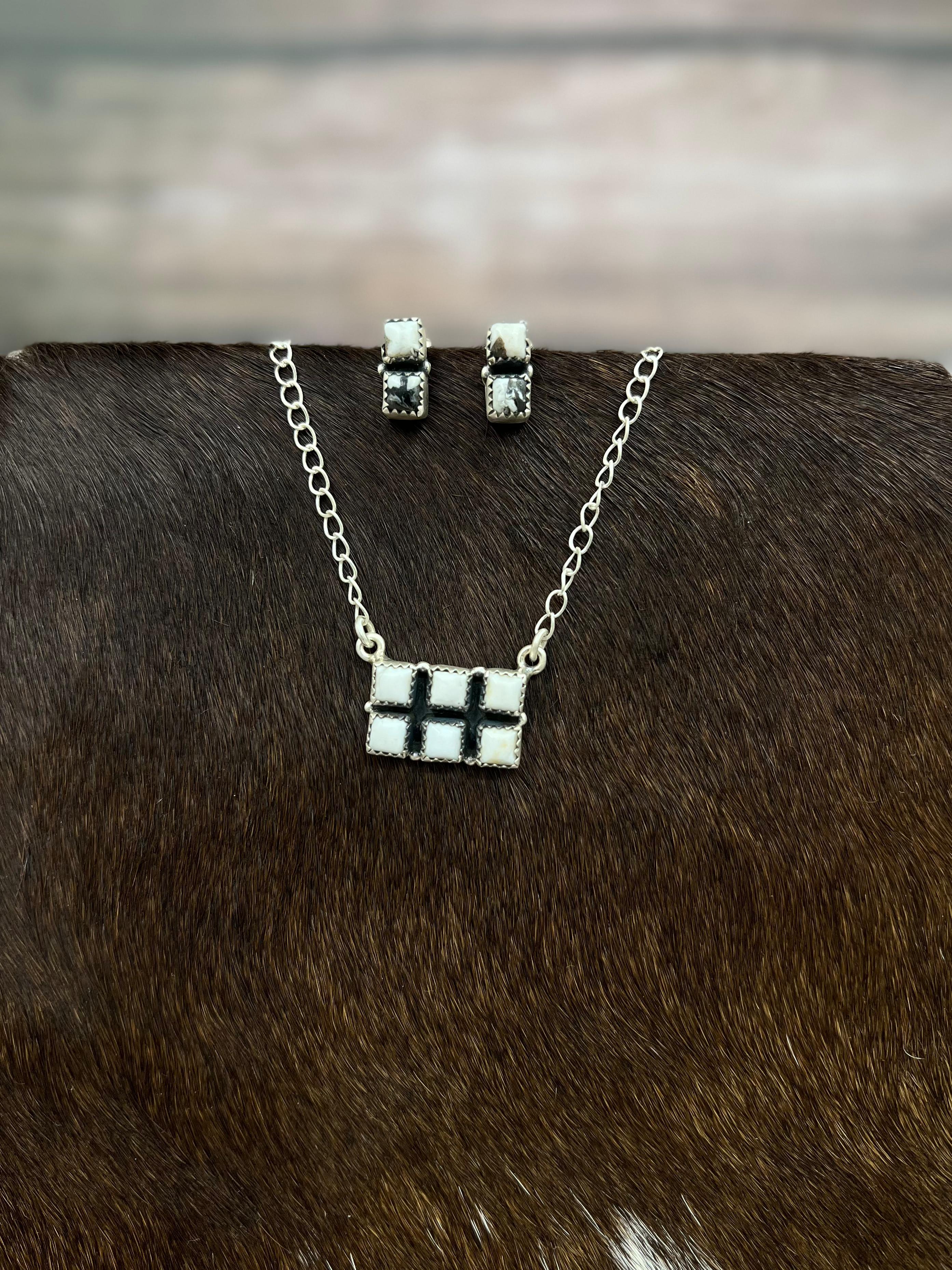 Handmade Sterling Silver White Buffalo Necklace & Earrings Set Signed Nizhoni