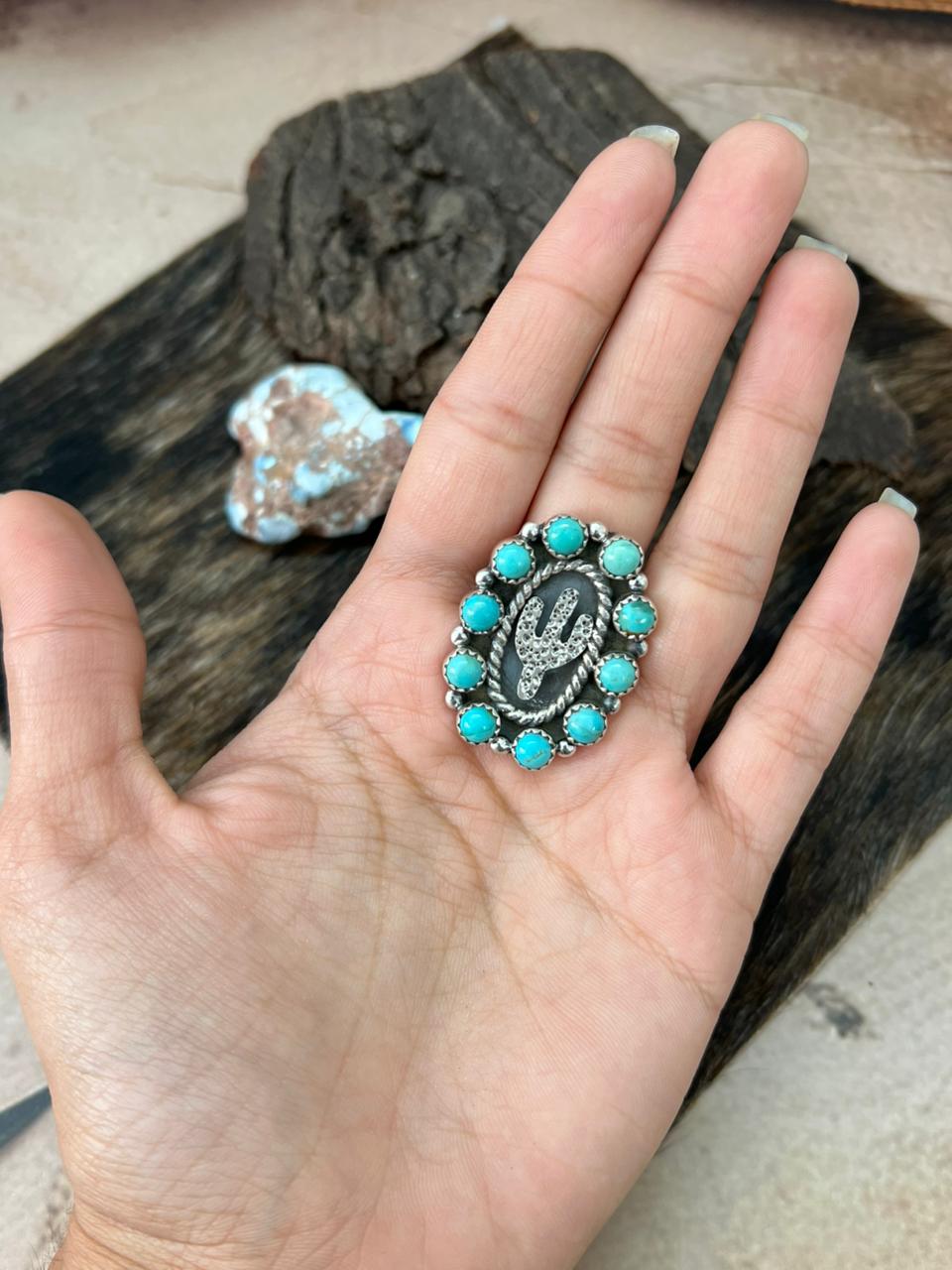 Handmade Sterling Silver Kingman Turquoise Cactus Adjustable Ring "Signed Nizhoni"
