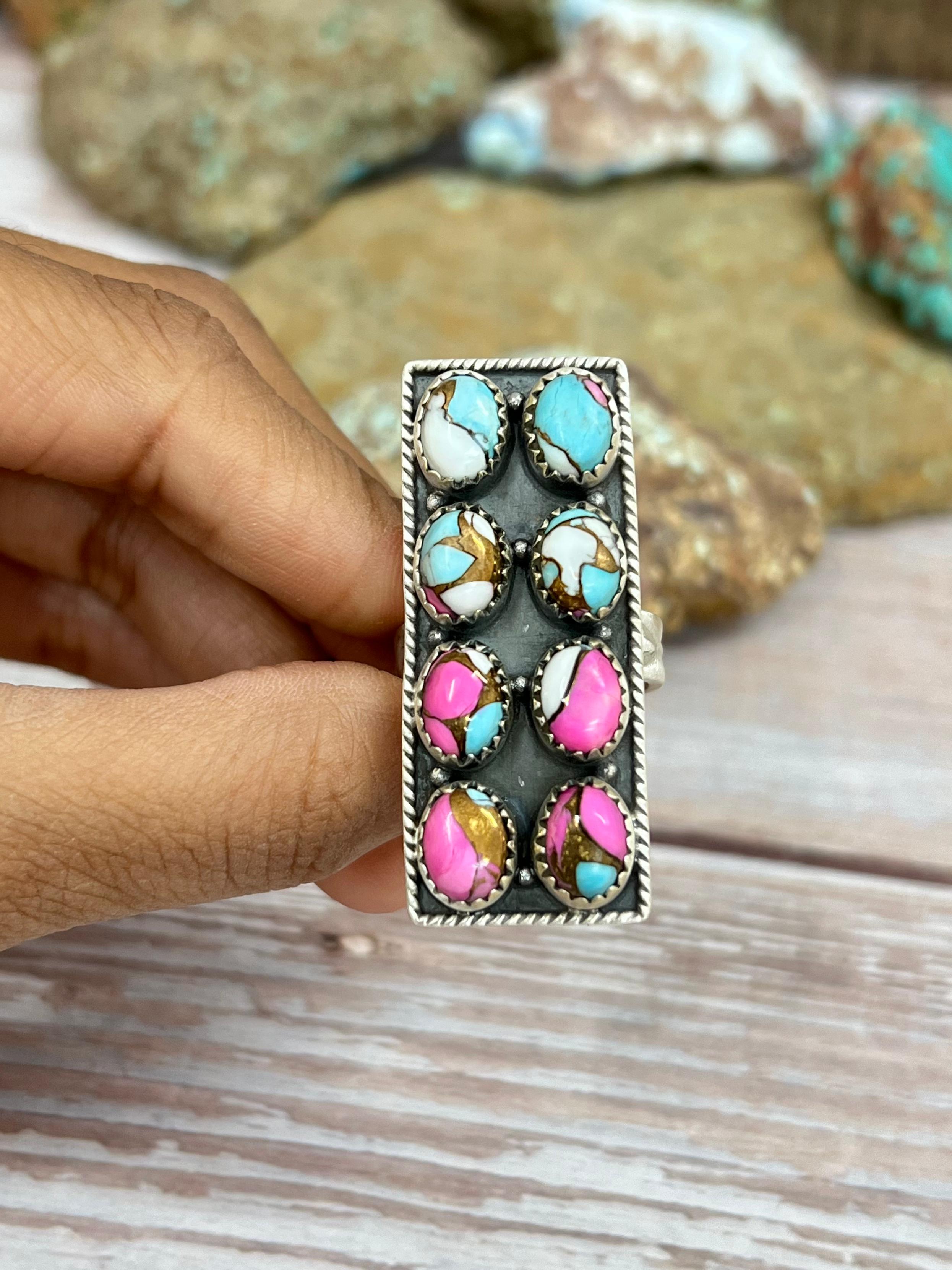 Handmade Sterling Silver Cotton Candy Turquoise Adjustable Ring with Signed Nizhoni (9)