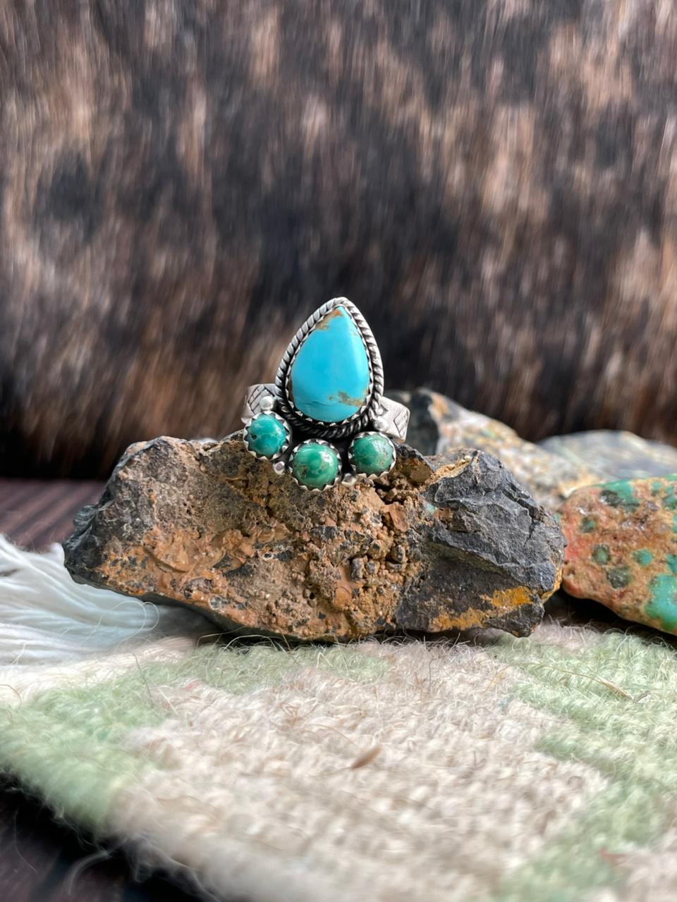 Handmade Sterling Silver Emerald Valley with Santa Maria Turquoise Adjustable Ring "Signed Nizhoni"