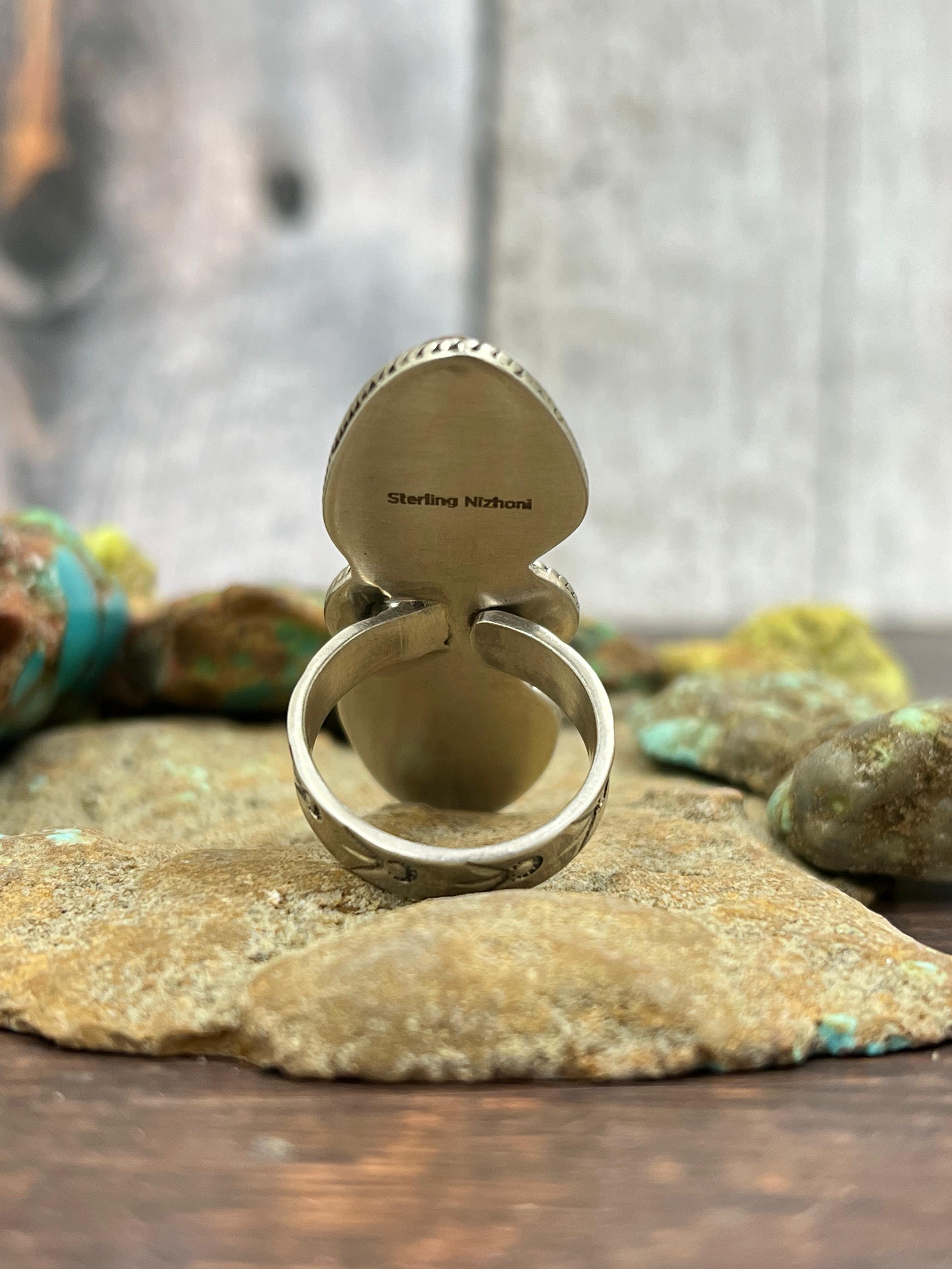 Handmade Sterling Silver Peacock Dahlia Adjustable Ring with Signed Nizhoni