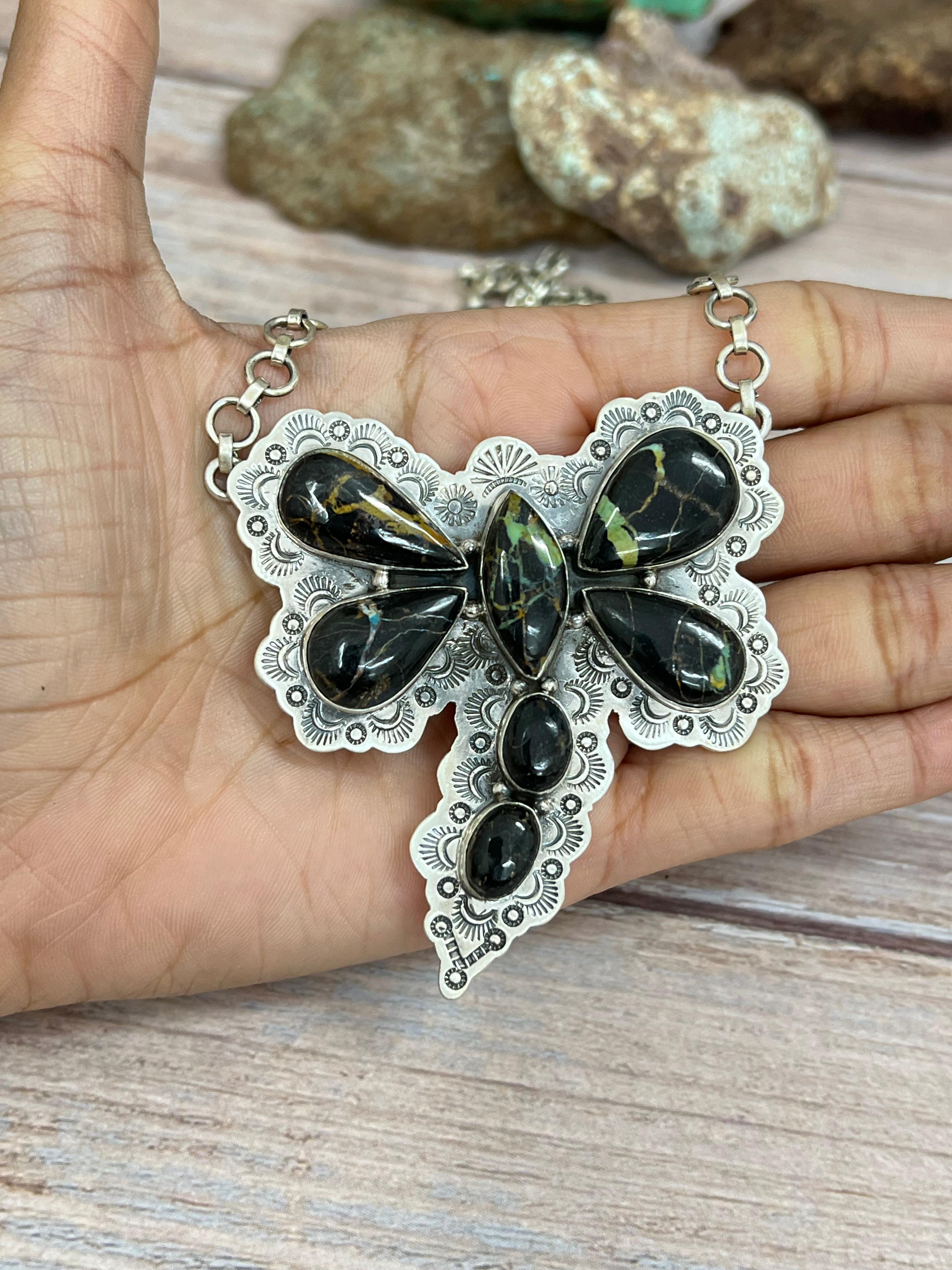 Handmade Sterling Silver Blackjack Turquoise Butterfly Necklace with Signed Nizhoni