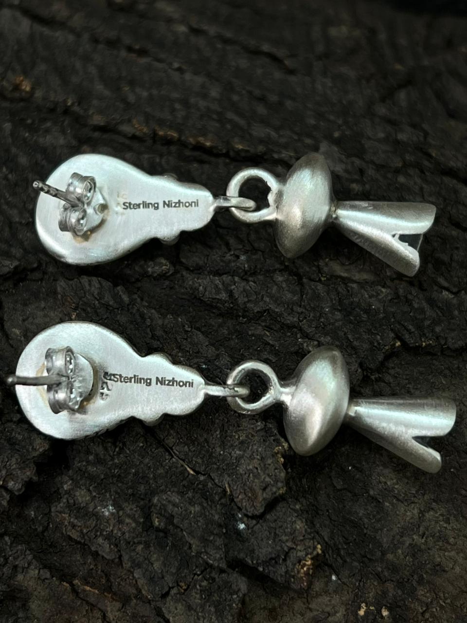 Handmade Sterling Silver Kingman Turquoise Post Dangle Earrings "Signed Nizhoni"