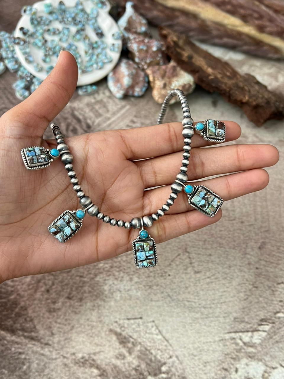 Handmade Sterling Silver 'Golden Hills Turquoise Cobble Collection' Beaded Necklace "Signed Nizhoni"