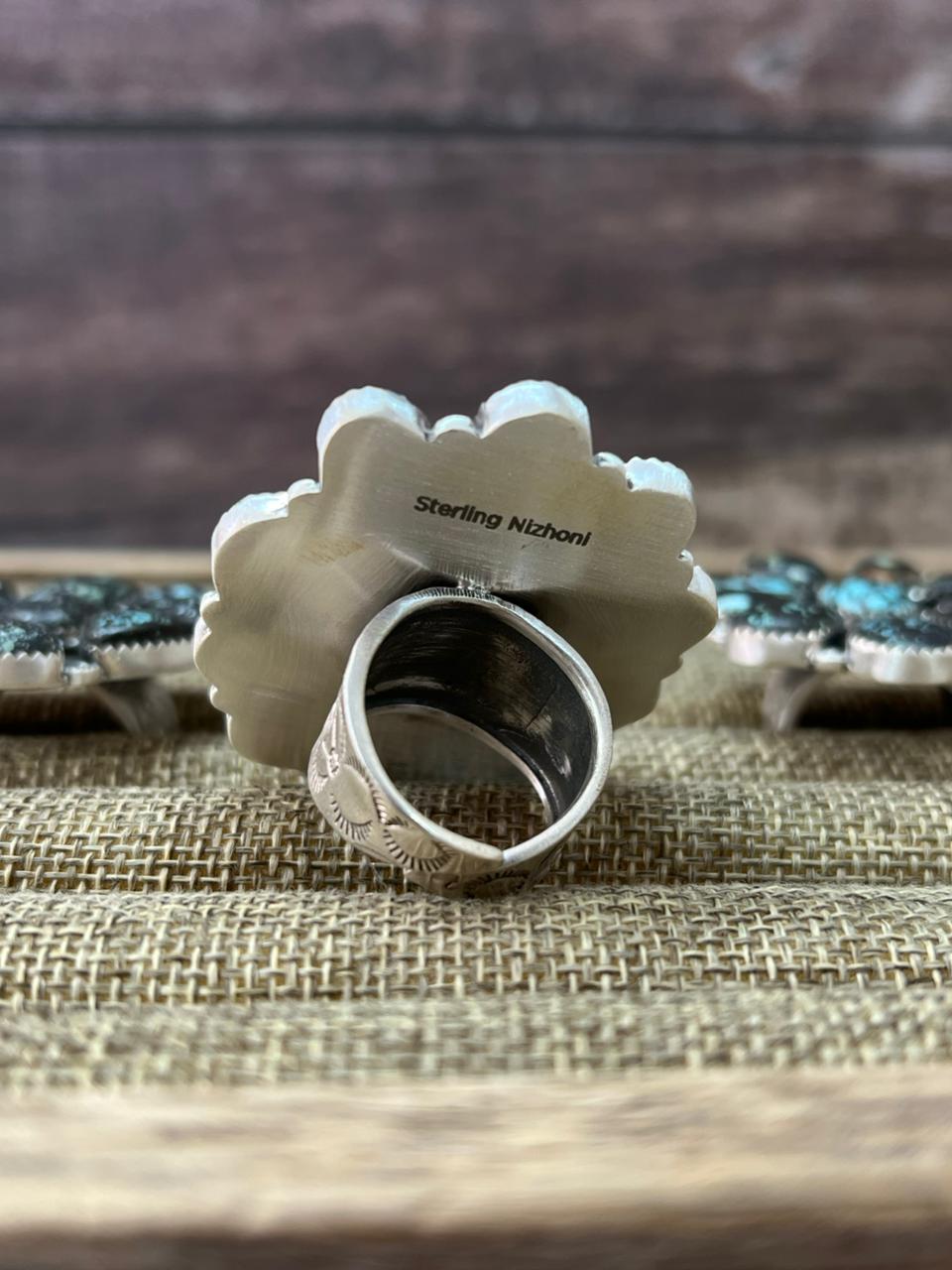 Handmade Sterling Silver Lander Turquoise Adjustable Ring With Signed Nizhoni