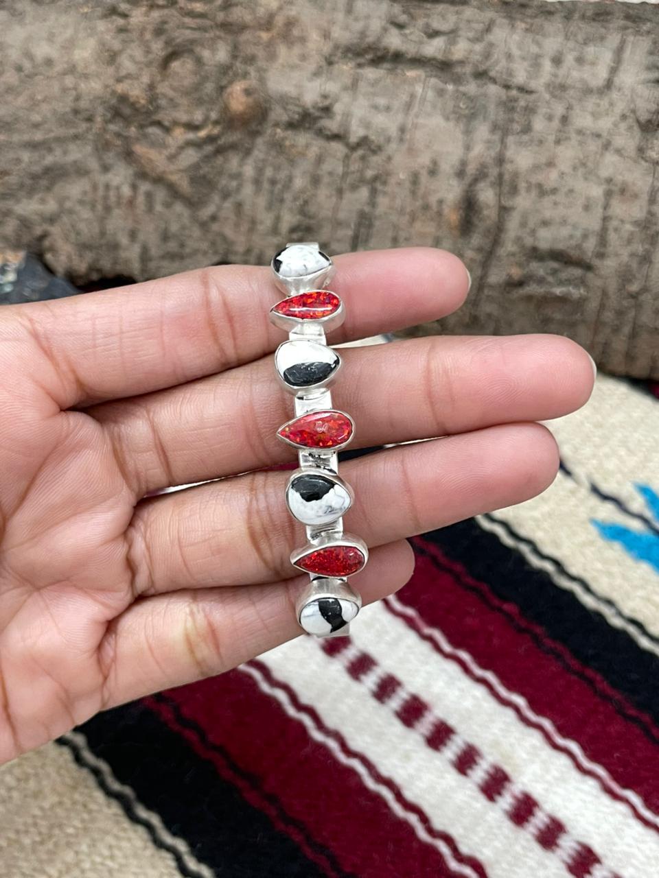 "Christmas Collection" Handmade Sterling Silver White Buffalo With Red Opal Cuff Bracelet "Signed Nizhoni"