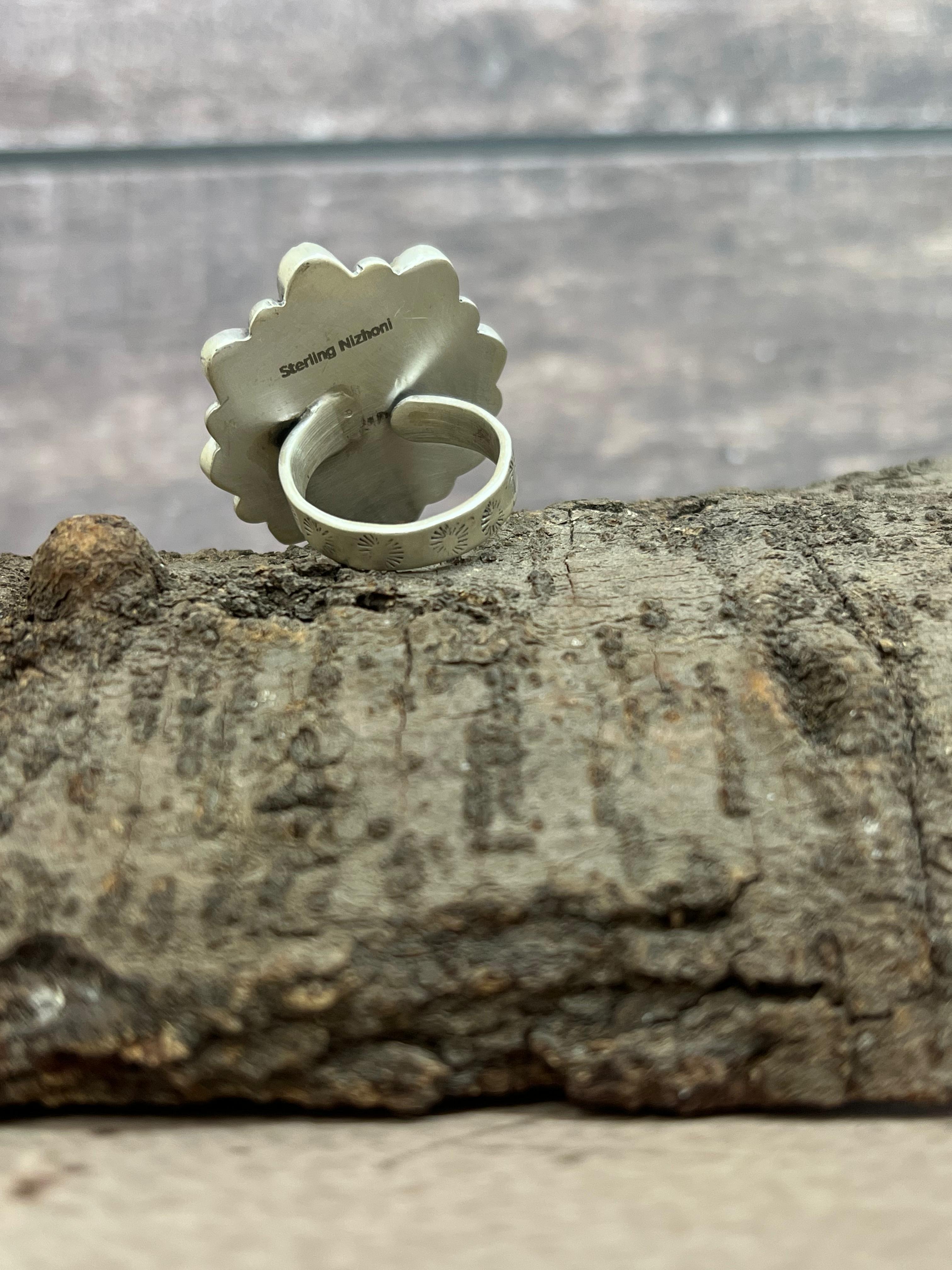 Handmade Sterling Silver Kingman Turquoise with Wild Horse Adjustable Ring Signed Nizhoni