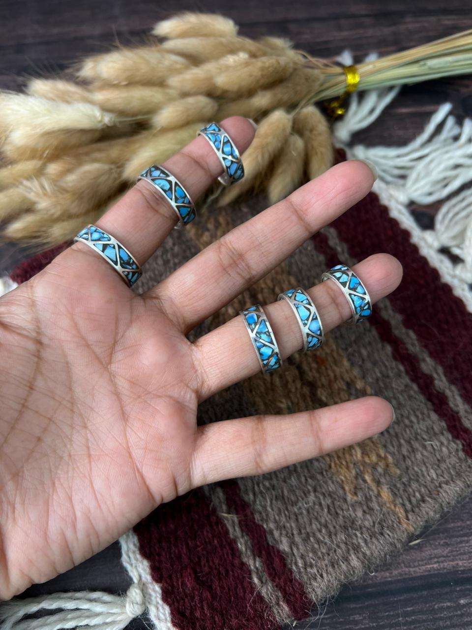 Handmade Sterling Silver Golden Hills Turquoise INLAY BAND Ring "Signed Nizhoni"