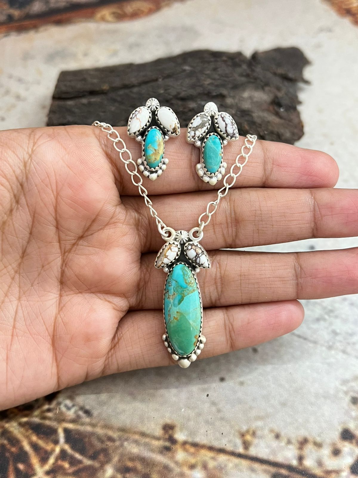 Handmade Sterling Silver White Buffalo with Kingman Necklace Earrings Set, Signed Nizhoni