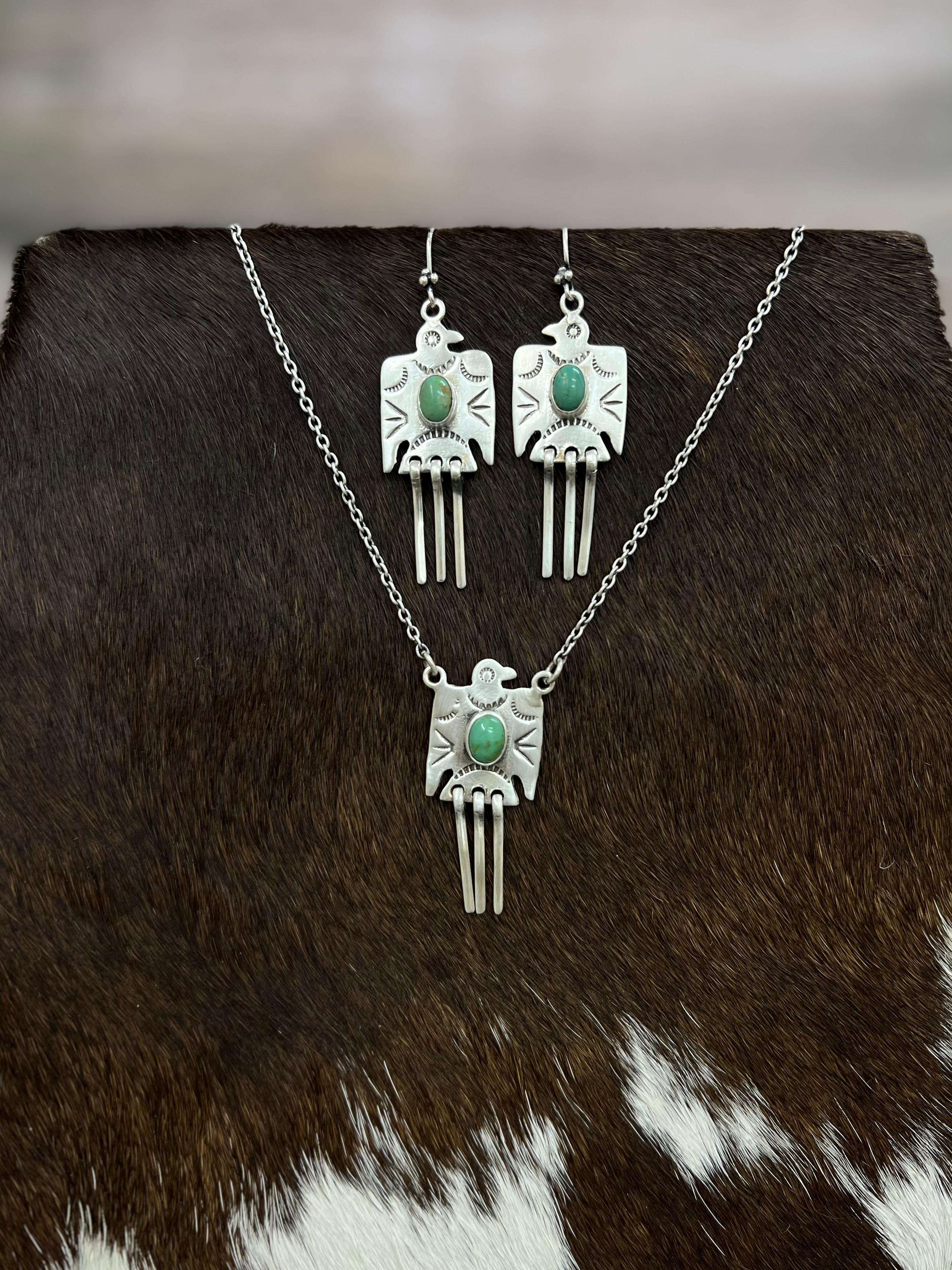 Handmade Sterling Silver Kingman Turquoise Necklace Earrings Set with Signed Nizhoni