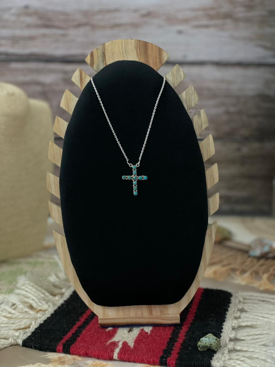 Handmade Sterling Silver Kingman Turquoise Cross Necklace "Signed Nizhoni"