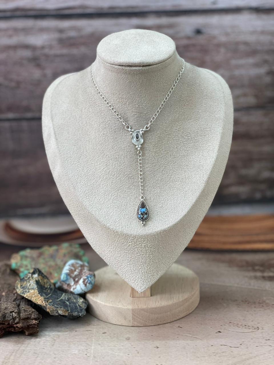 Handmade Sterling Silver Golden Hills Turquoise Drop Necklace "Signed Nizhoni"