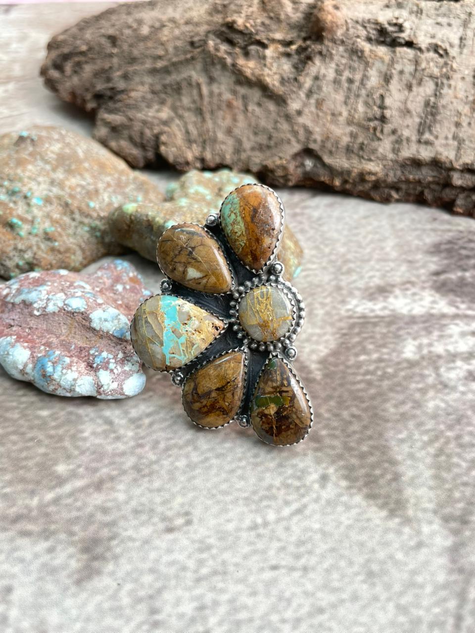 Handmade Sterling Silver Royston Ribbon Turquoise Adjustable Ring with Signed Nizhoni