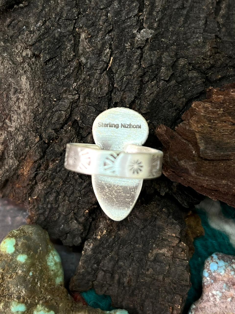 Handmade Sterling Silver Sonoran with White Water Turquoise Adjustable Ring " Signed Nizhoni" (6)