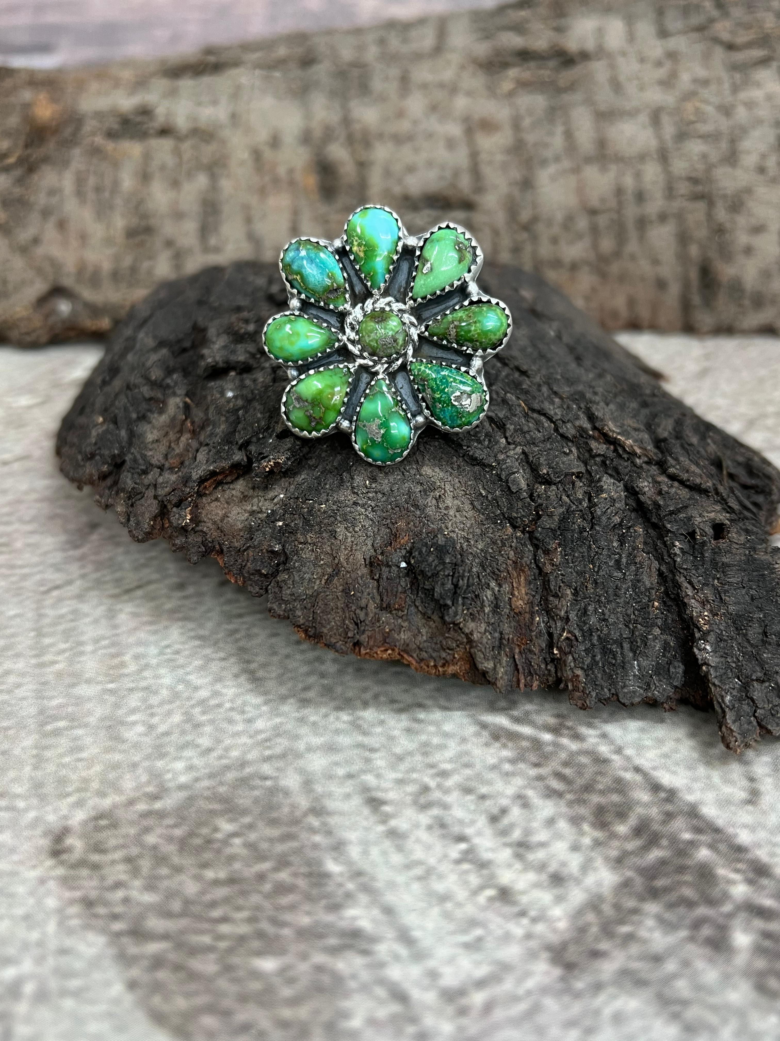 Handmade Sterling Silver Sonoran Mountain Turquoise Adjustable Ring with Signed Nizhoni