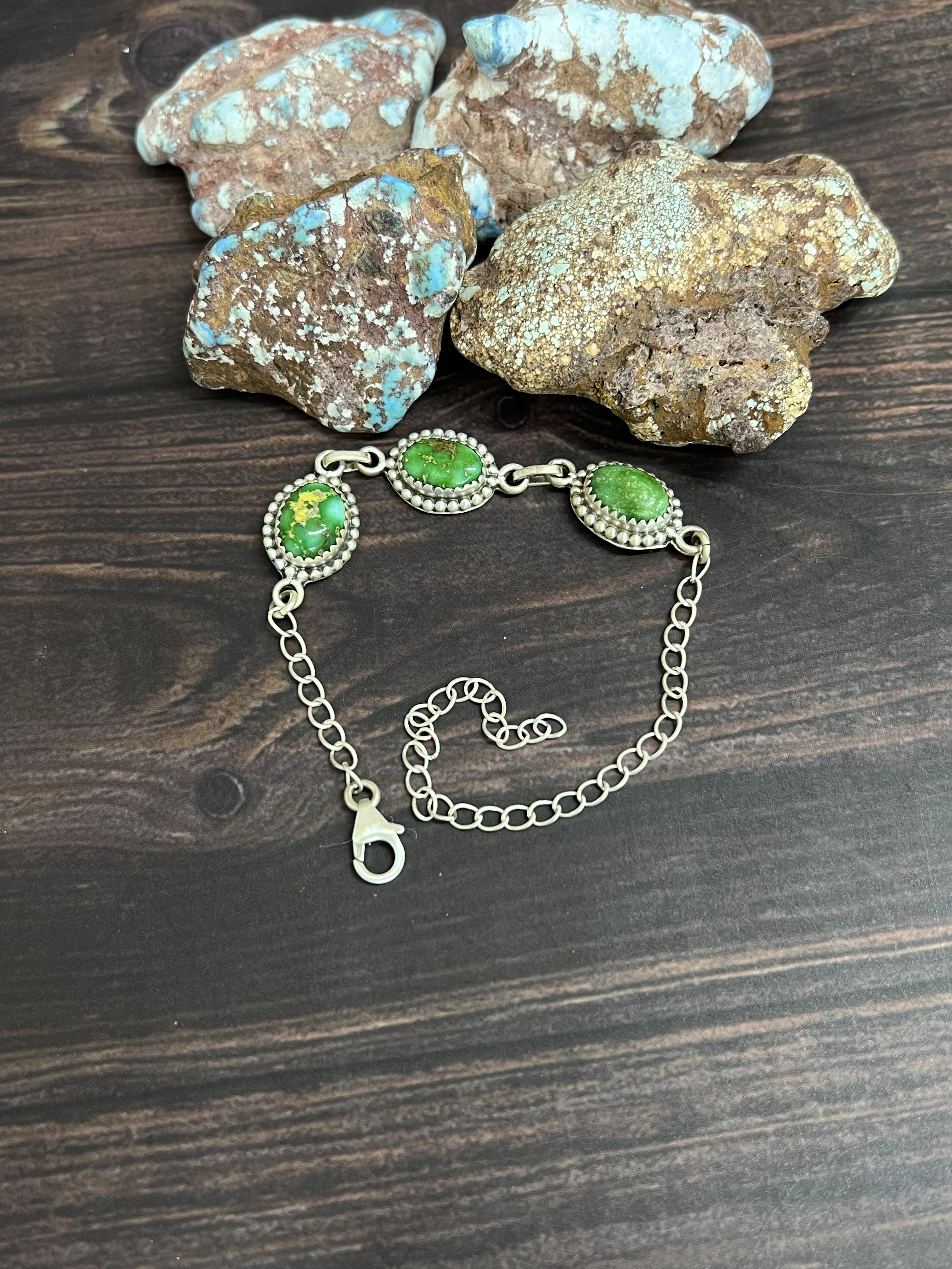 Handmade Sterling Silver Sonoran Mountain Turquoise Chain Bracelet with Signed Nizhoni