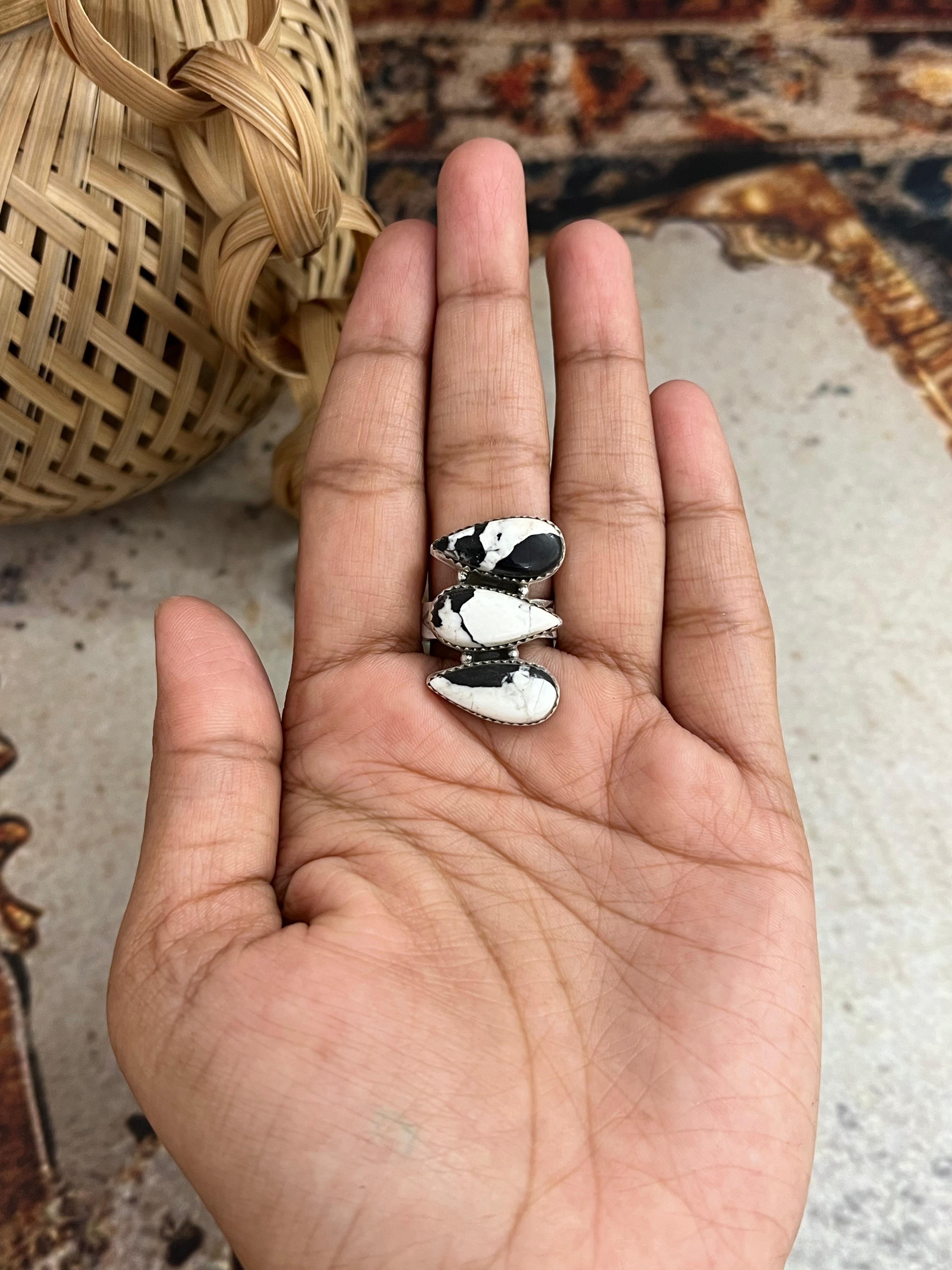 Handmade Sterling Silver White Buffalo Adjustable Ring, Signed Nizhoni