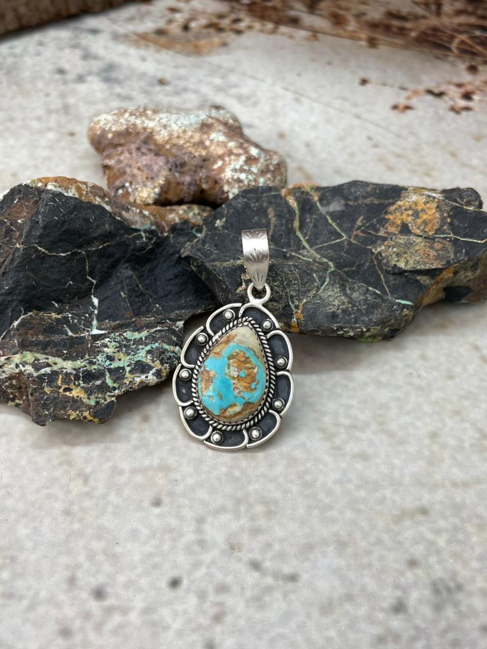 Handmade Sterling Silver Royston Ribbon Turquoise Pendant "Signed Nizhoni"