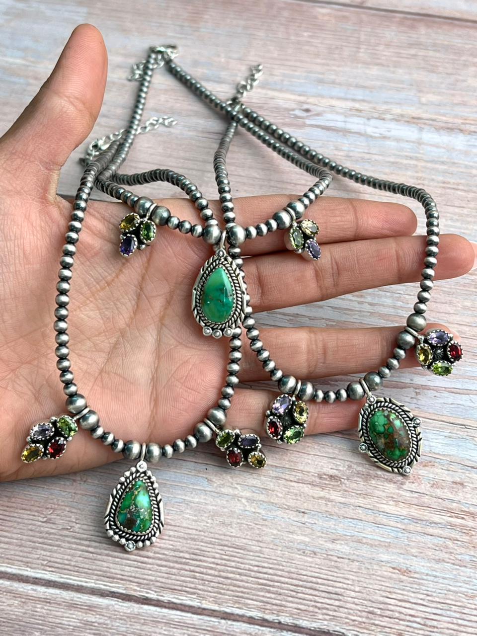 Handmade Sterling Silver Beaded Sonoran with Cut Stone Necklace "Signed Nizhoni"