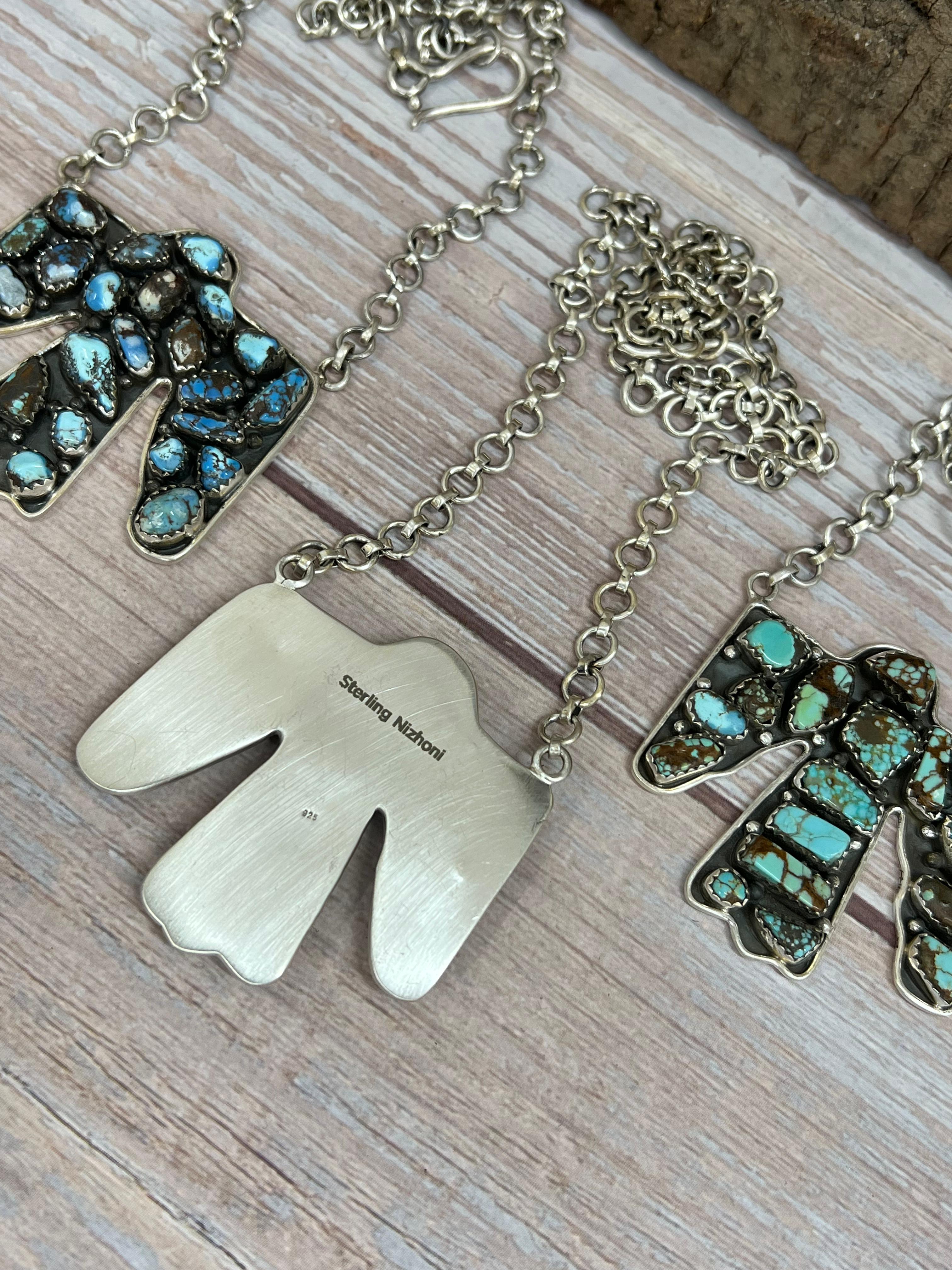 Handmade Sterling Silver Multi Stone Thunder Bird Necklace with Signed Nizhoni