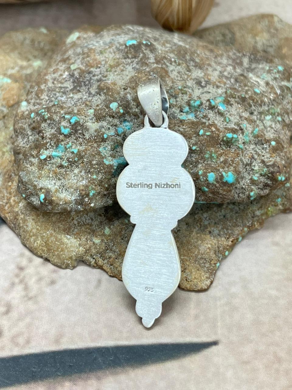 Handmade Sterling Silver Emerald Valley Pendant with Signed Nizhoni