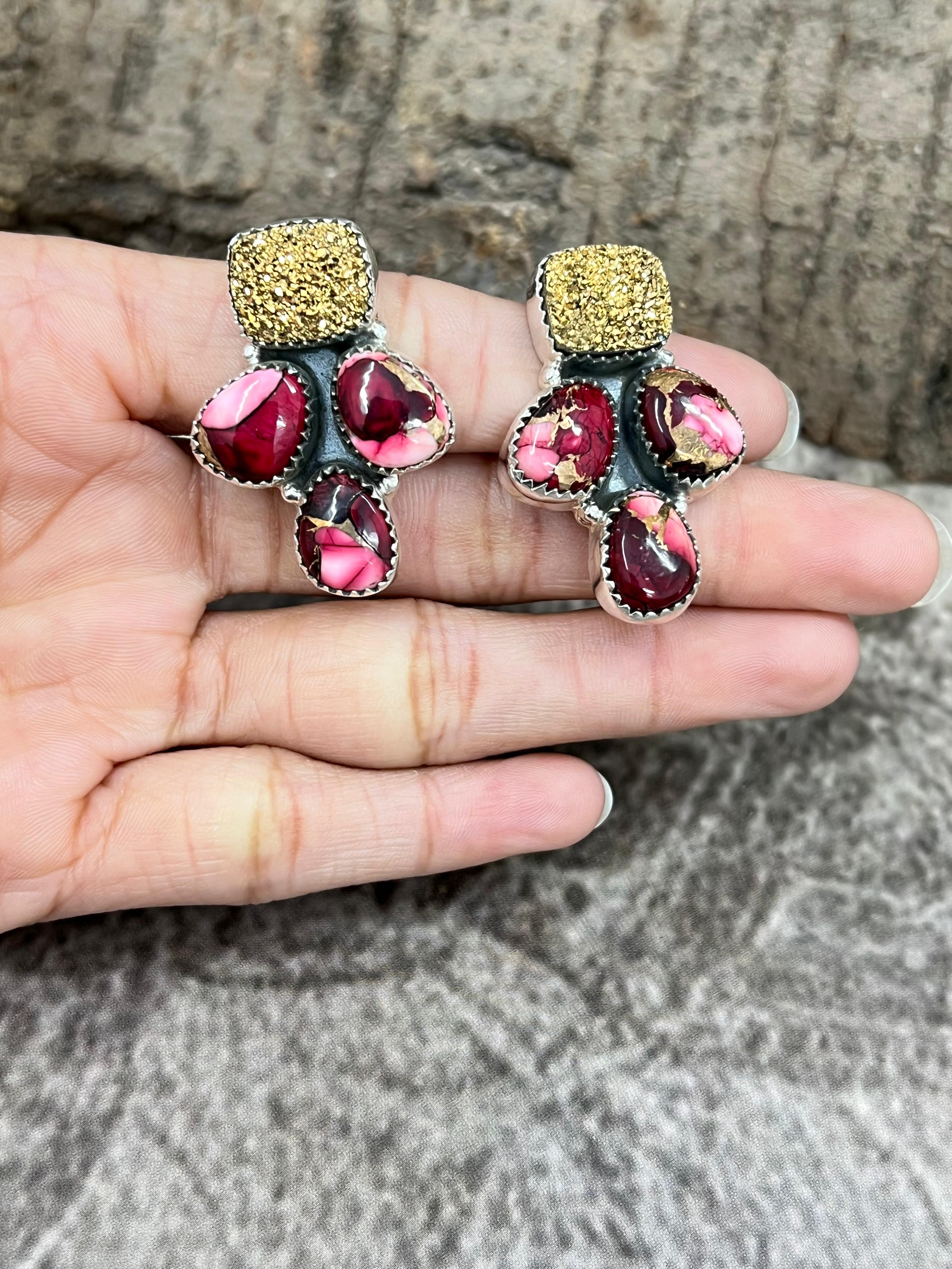 Handmade Sterling Silver Dahlia Rose with Druzy Post Earrings with Signed Nizhoni