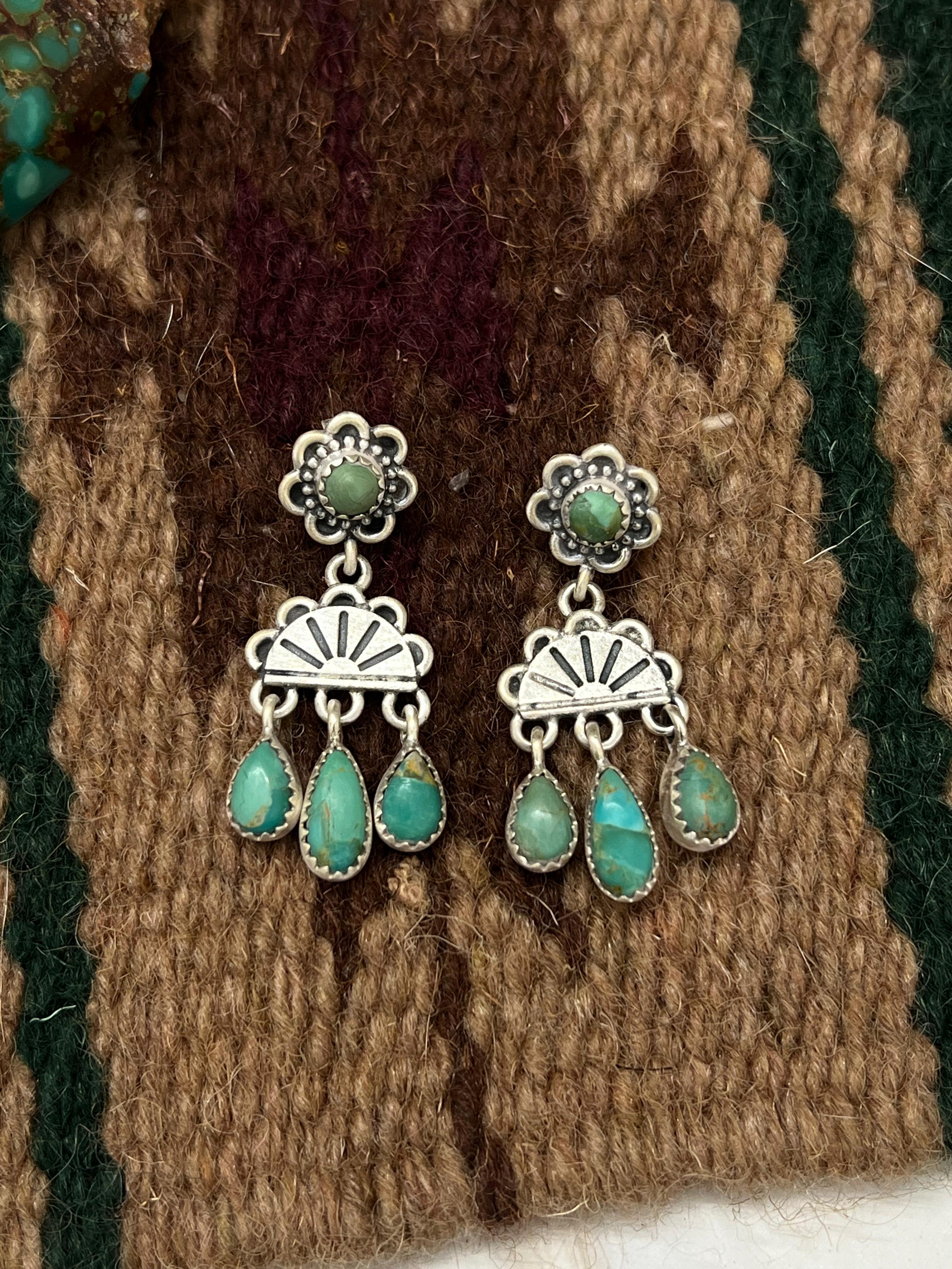 Handmade Sterling Silver Kingman Turquoise Post Dangle Earrings with Signed Nizhoni