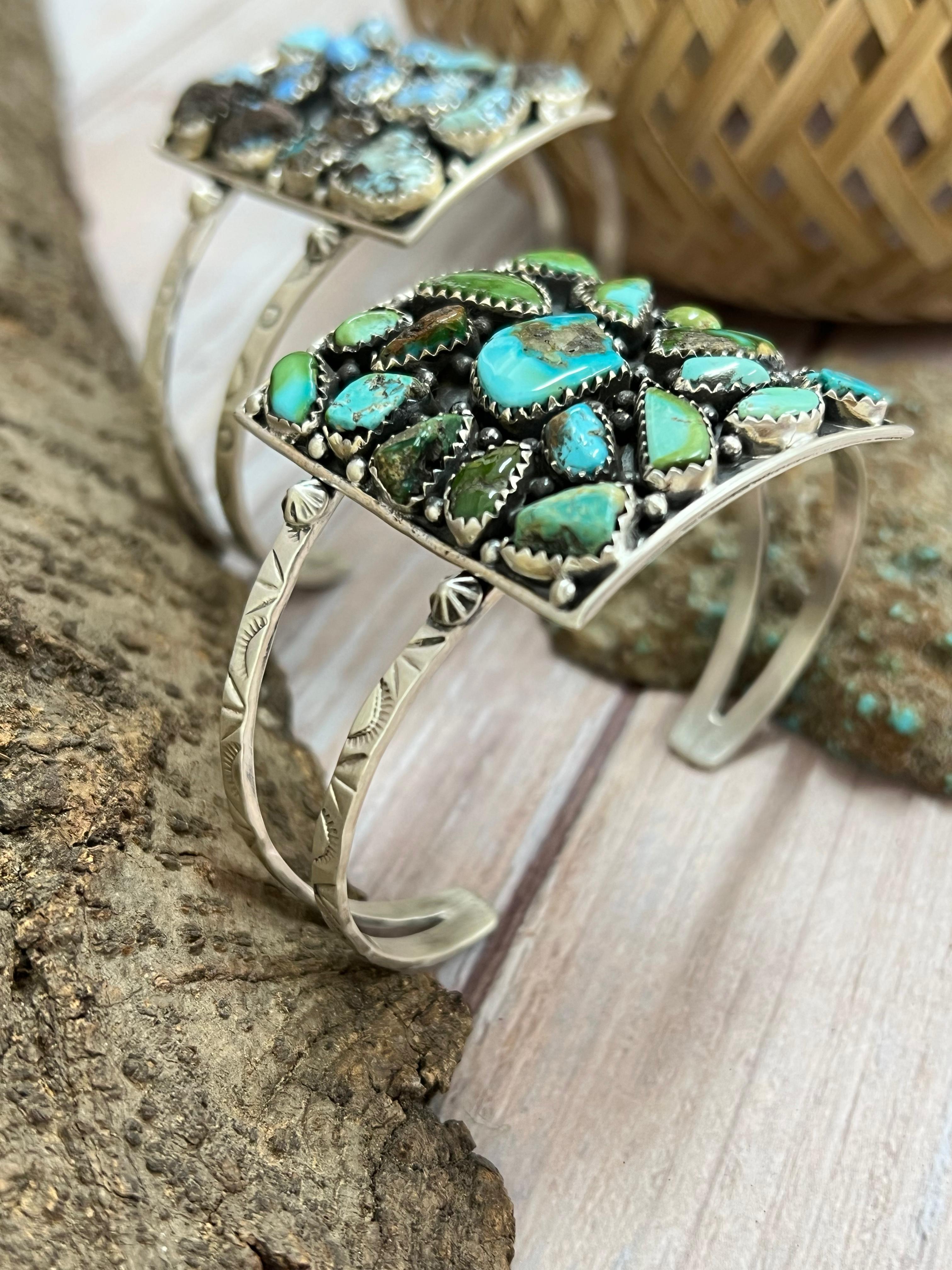Handmade Sterling Silver Golden Hill, Sonoran Mountain Turquoise Rectangle Bracelet with Signed Nizhoni /