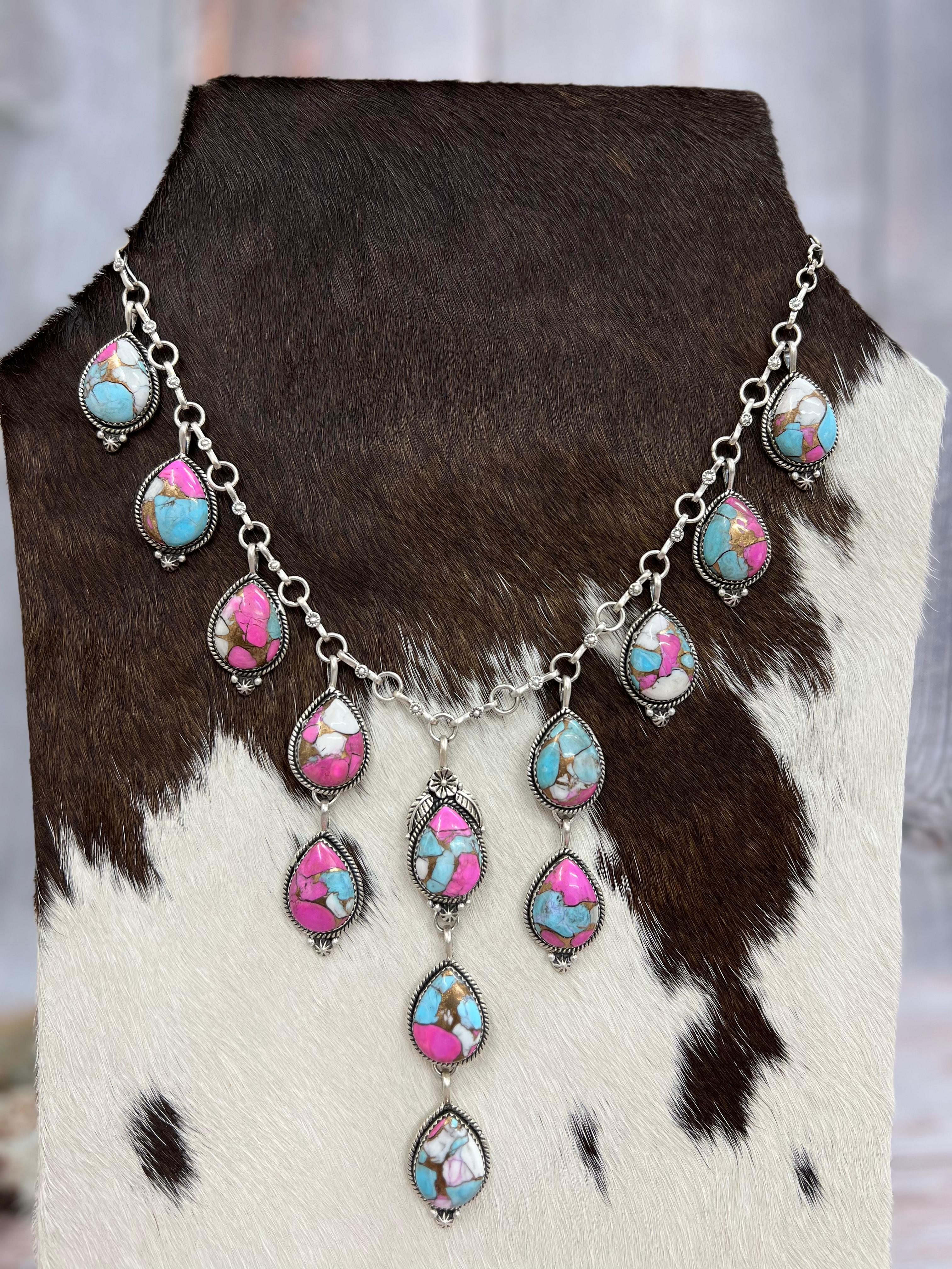 Handmade Sterling Silver Multi Stone Necklace, Signed Nizhoni