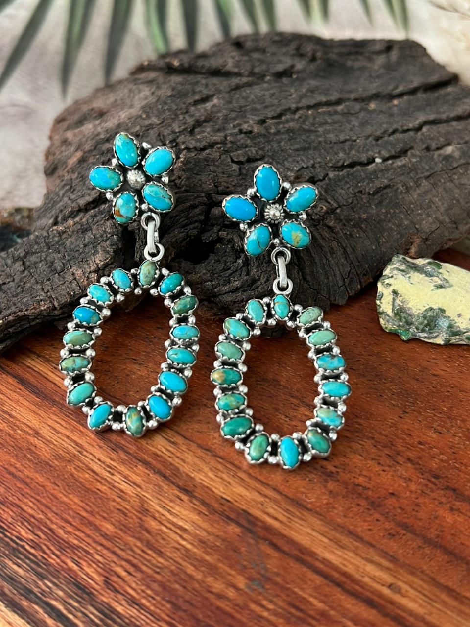 Handmade Sterling Silver Kingman Turquoise Post Dangle Earrings "Signed Nizhoni"