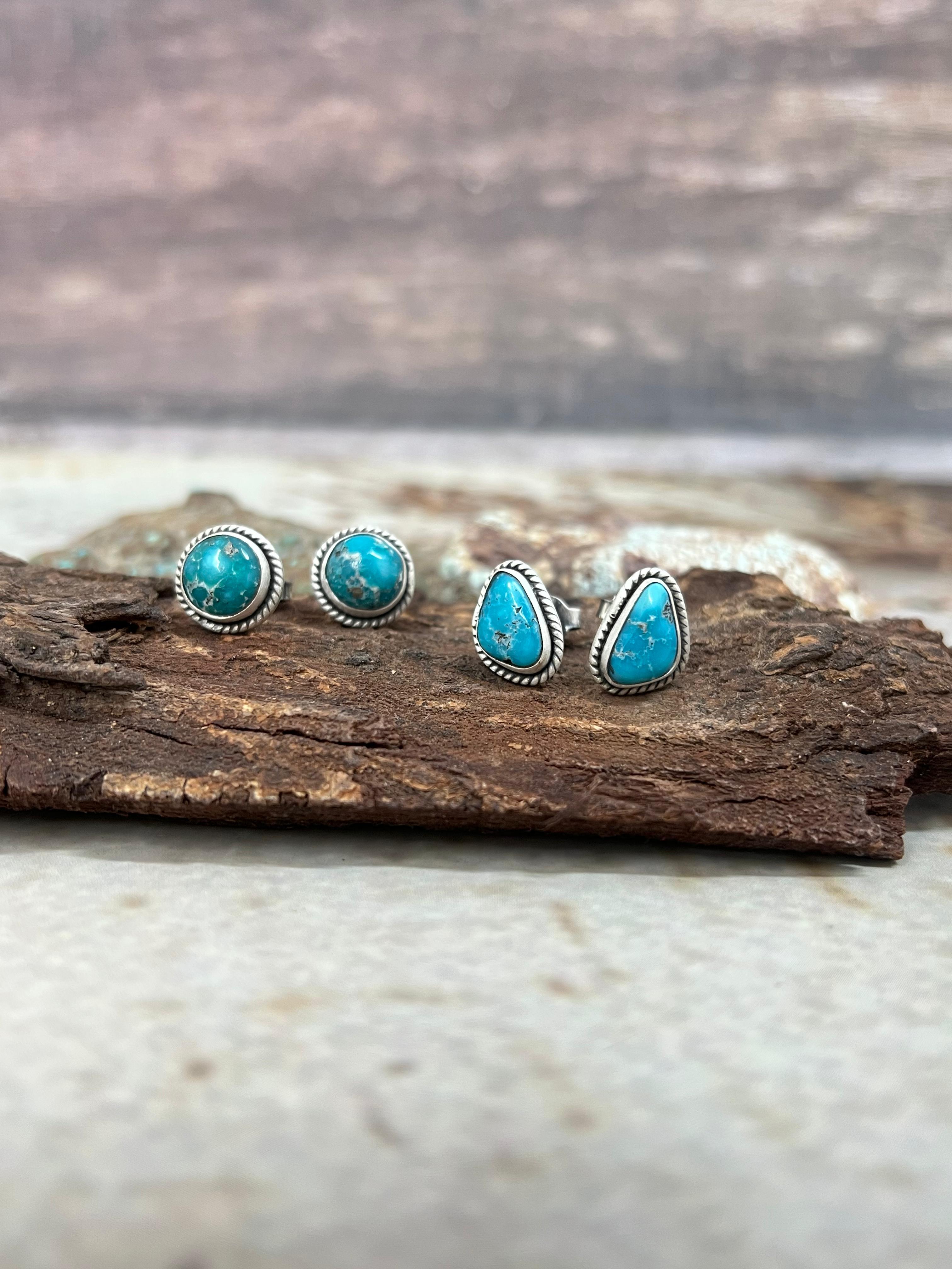 Handmade Sterling Silver White Water Turquoise Post Studs Signed Nizhoni