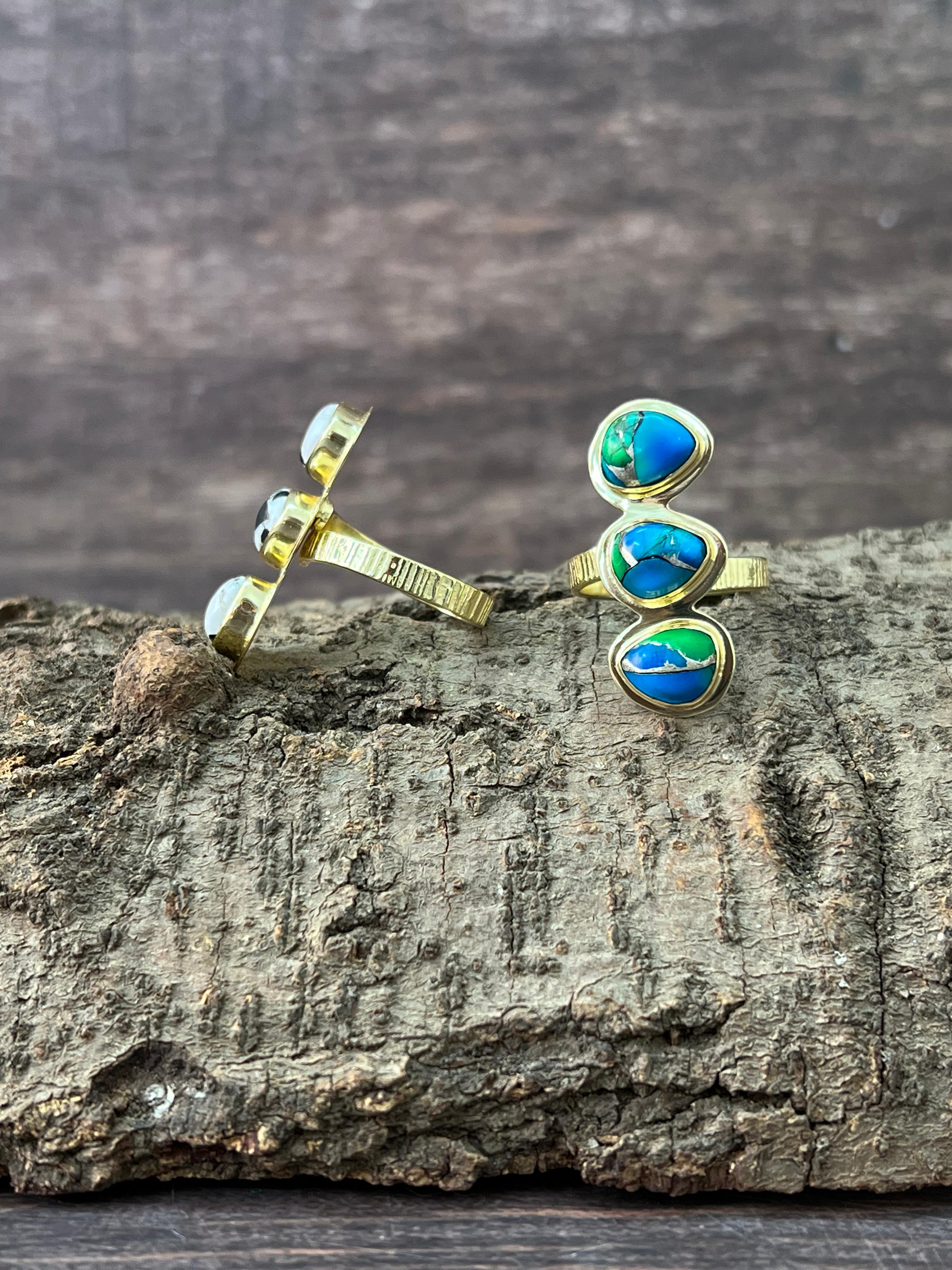 “The Golden Collection” Natural White Buffalo, Peacock Dahlia Adjustable Ring