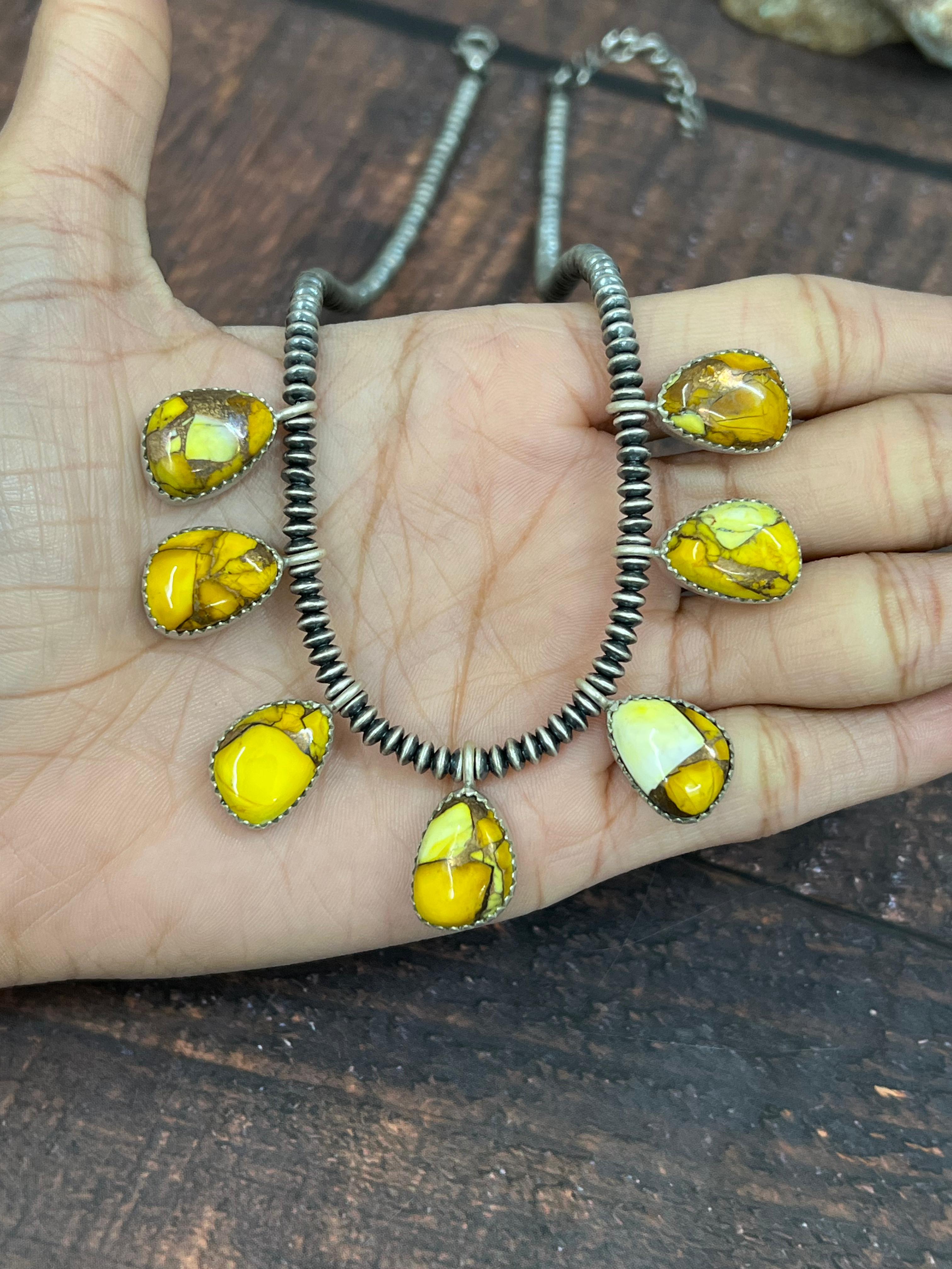 Handmade Sterling Silver Honey Dahlia Beaded Necklace with Signed Nizhoni