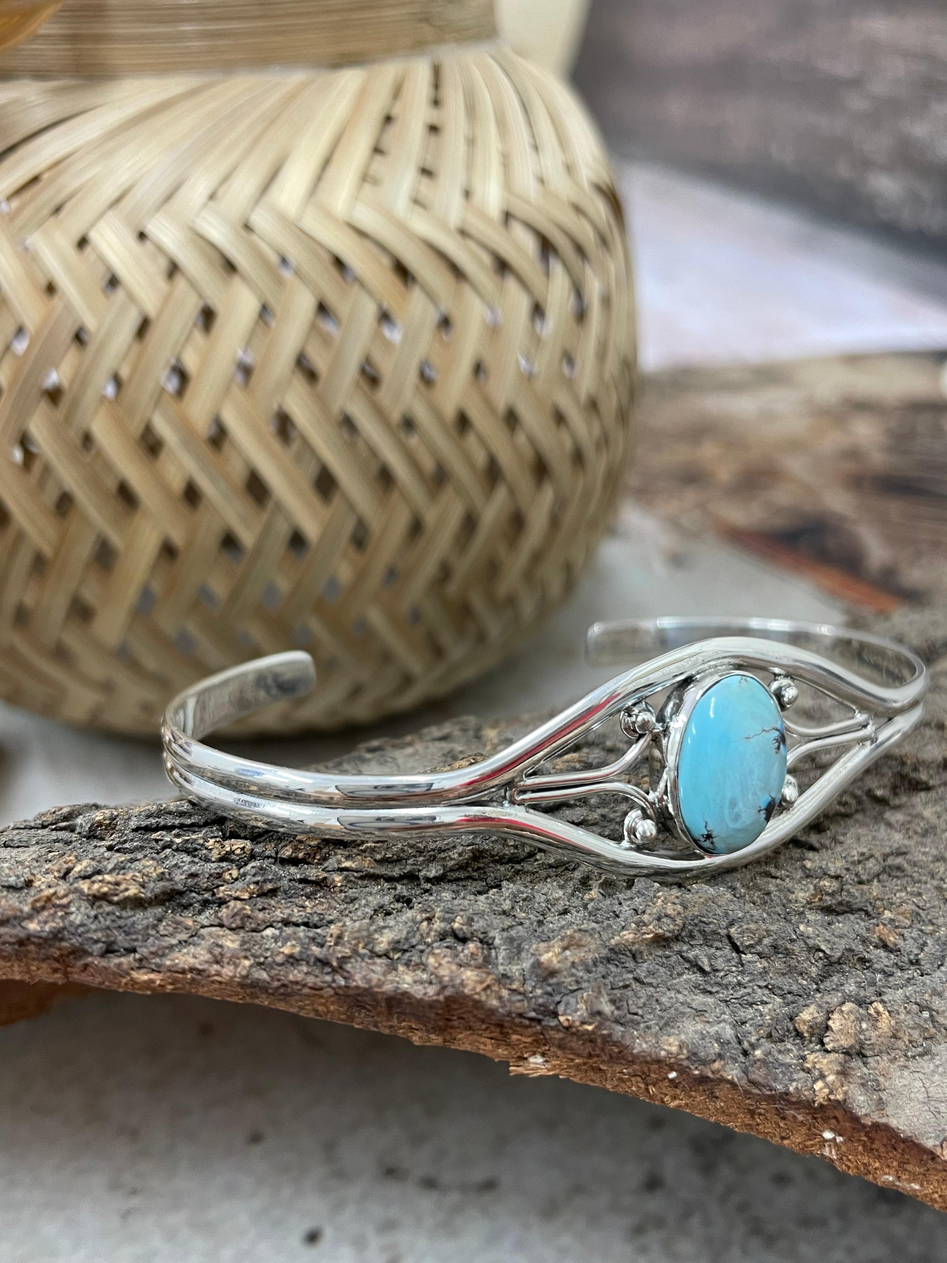 Handmade Sterling Silver Golden Hills Turquoise Cuff Bracelet with Signed Nizhoni