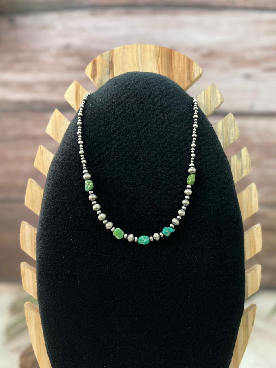 Handmade Sterling Silver Beaded Emerald Valley Turquoise Necklace "Signed Nizhoni"