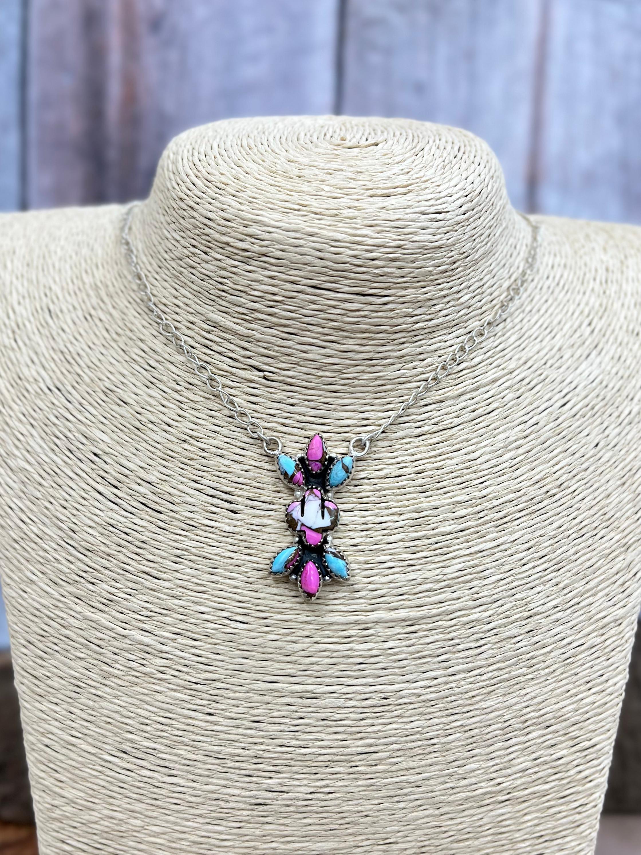 Handmade Sterling Silver Cotton Candy Turquoise Necklace with Signed Nizhoni